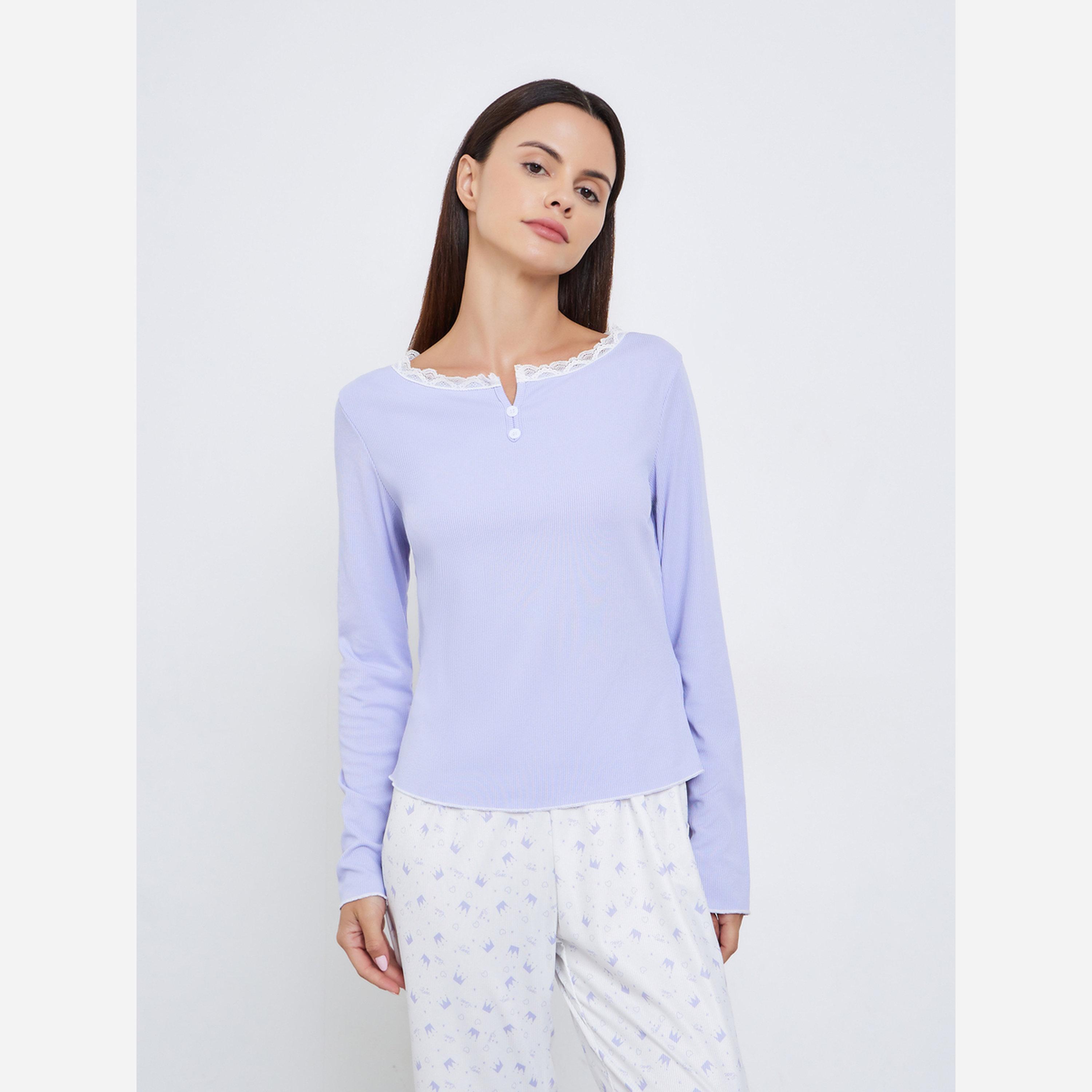 ستايلي - بيجاما تي شيرت مزين بالدانتيل وبنطال بطبعة-women-clothing-nightwear-pyjamas-longsets-image-2