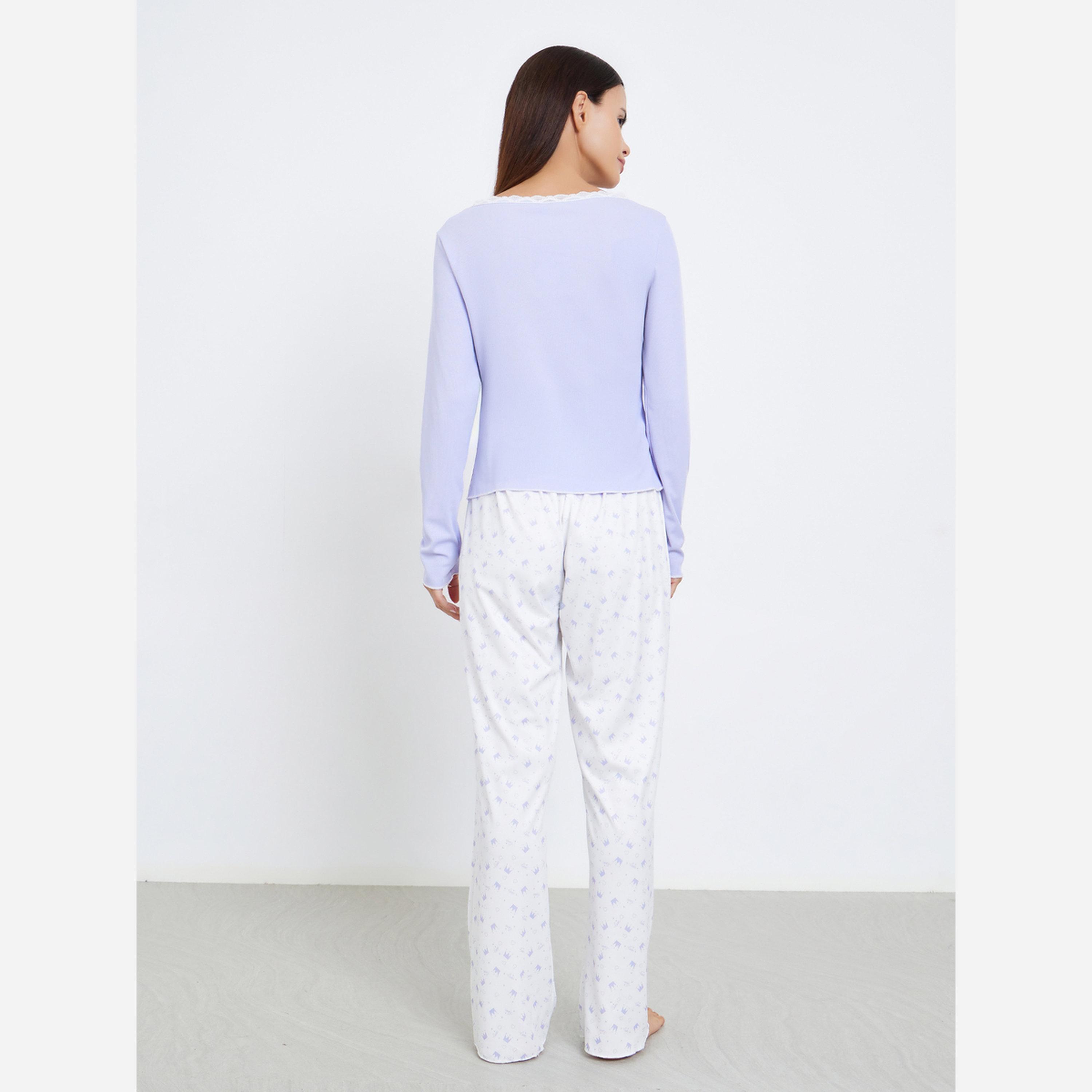 Styli Lace Trim T-Shirt and Printed Pyjama Set-women-clothing-nightwear-pyjamas-longsets-image-5