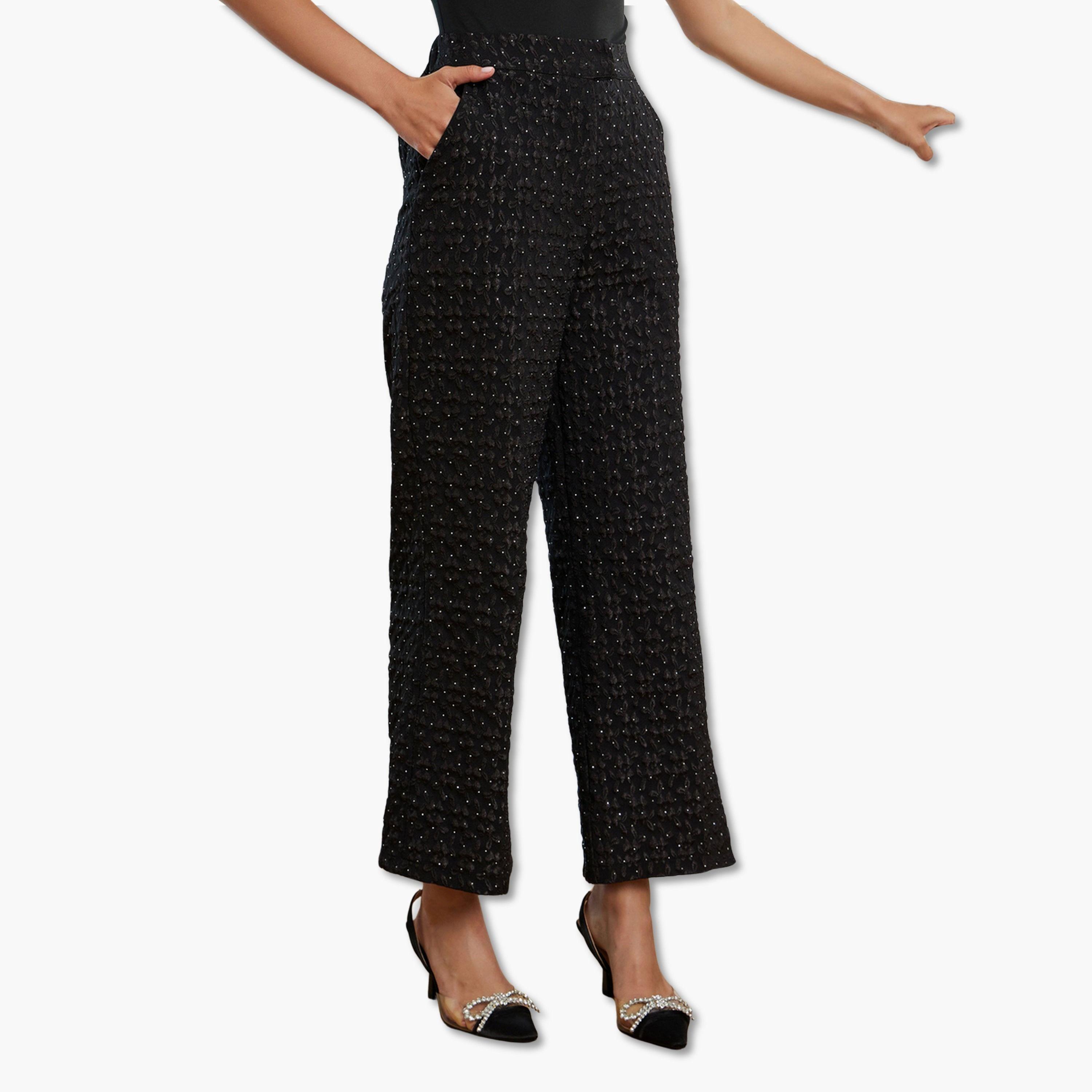 Styli Women Black Jacquard Wide Leg Trousers-women-clothing-bottoms-trousers-image-1