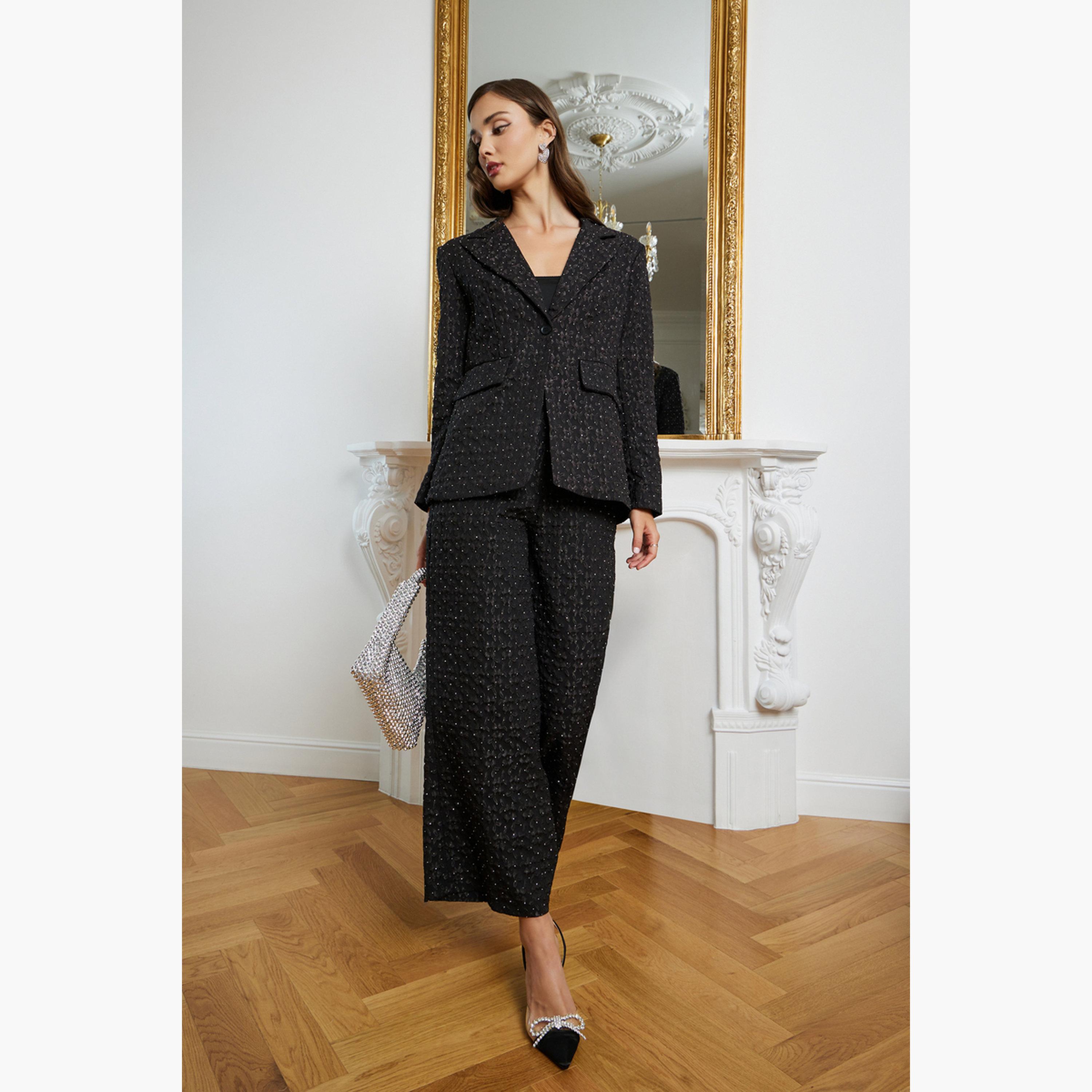 Styli Women Black Jacquard Wide Leg Trousers-women-clothing-bottoms-trousers-image-2
