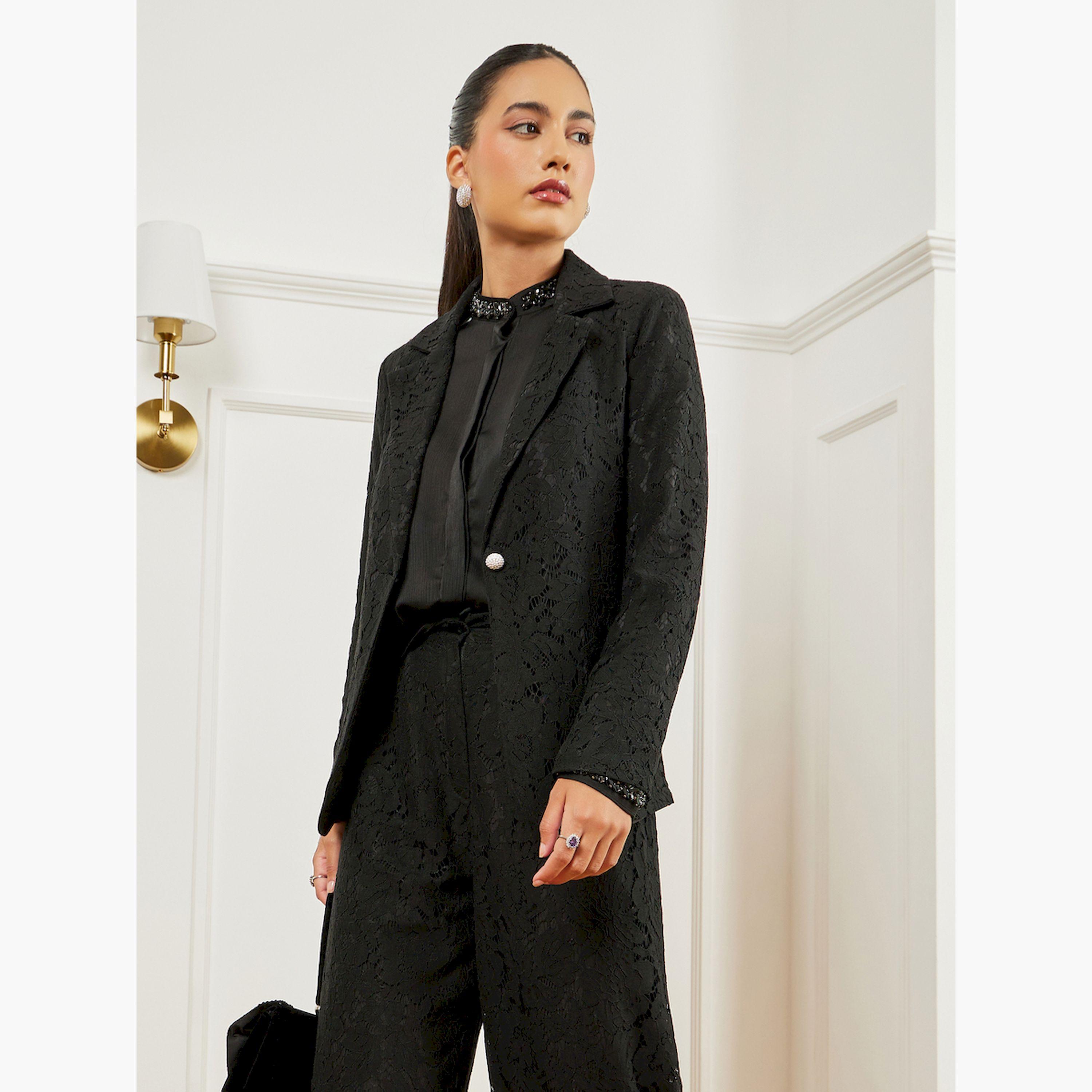 Styli Black Regular Fit Regular Length Lace Blazer-women-clothing-coatsandjackets-blazers-image-1