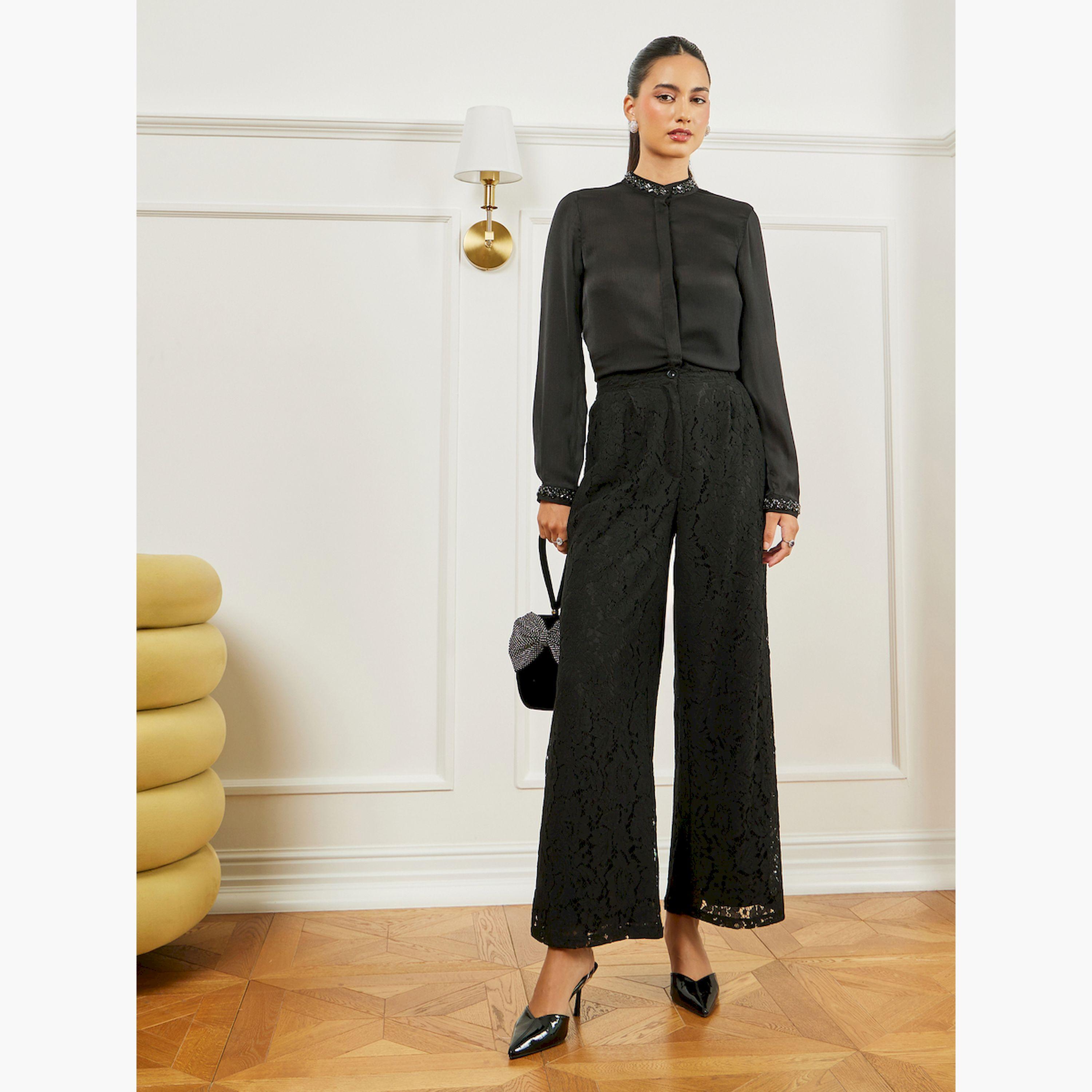 Styli Black Wide Leg All-Lace Pants-women-clothing-bottoms-trousers-image-2
