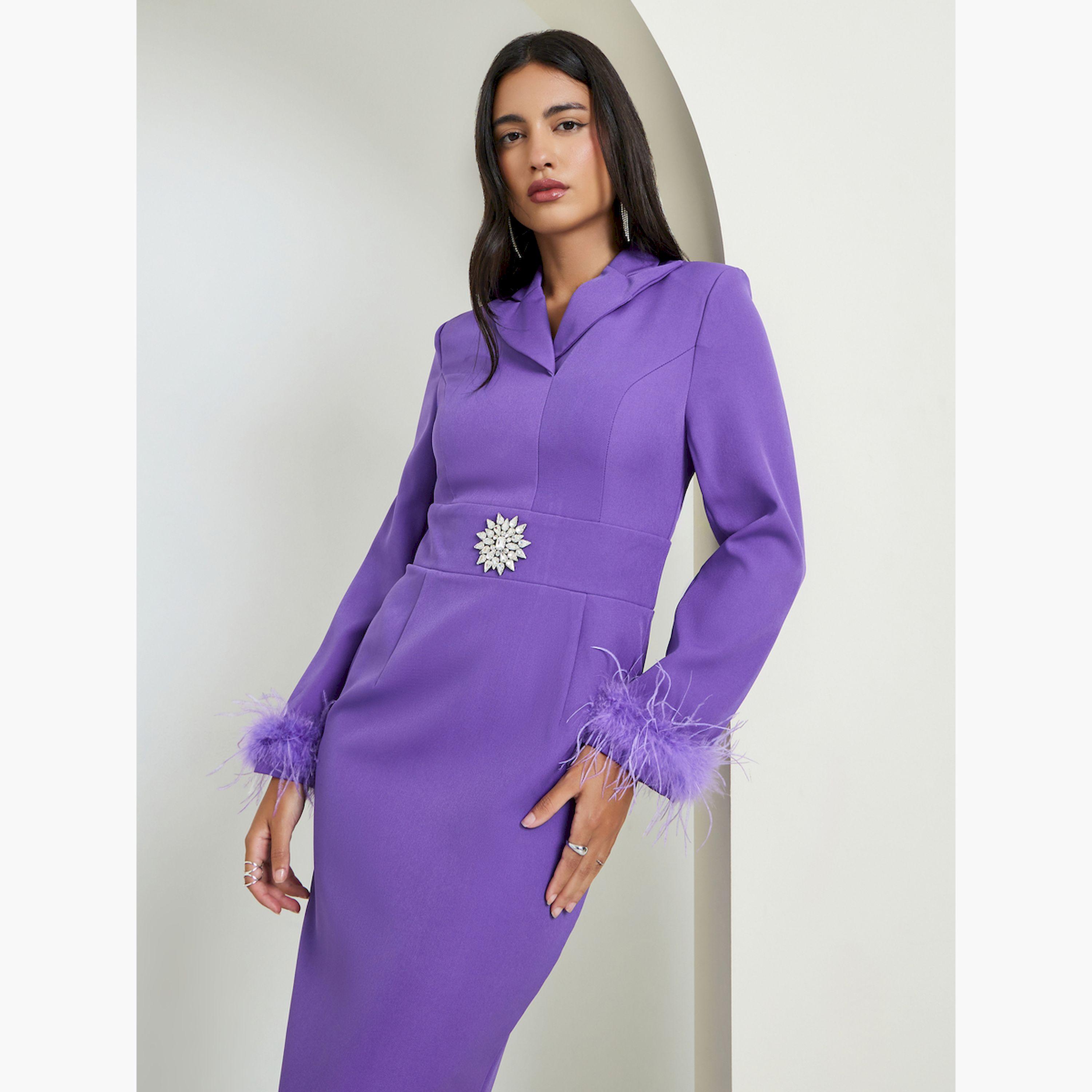 فستان ميدي بليزر بياقة فرو صناعي-women-clothing-dresses-image-2