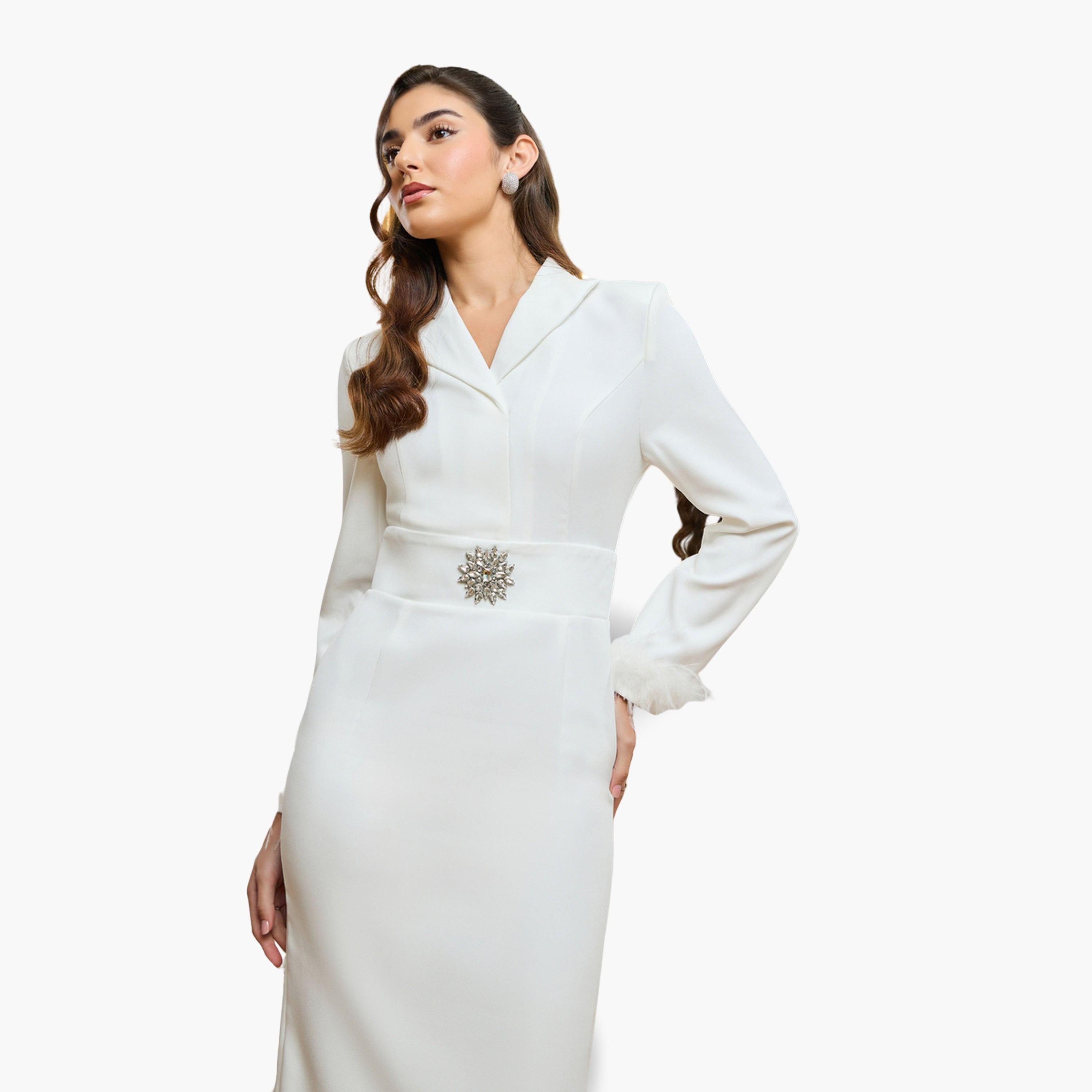 Styli Women White Fur cuff Long Sleeves Blazer Midi Dress-women-clothing-dresses-image-2