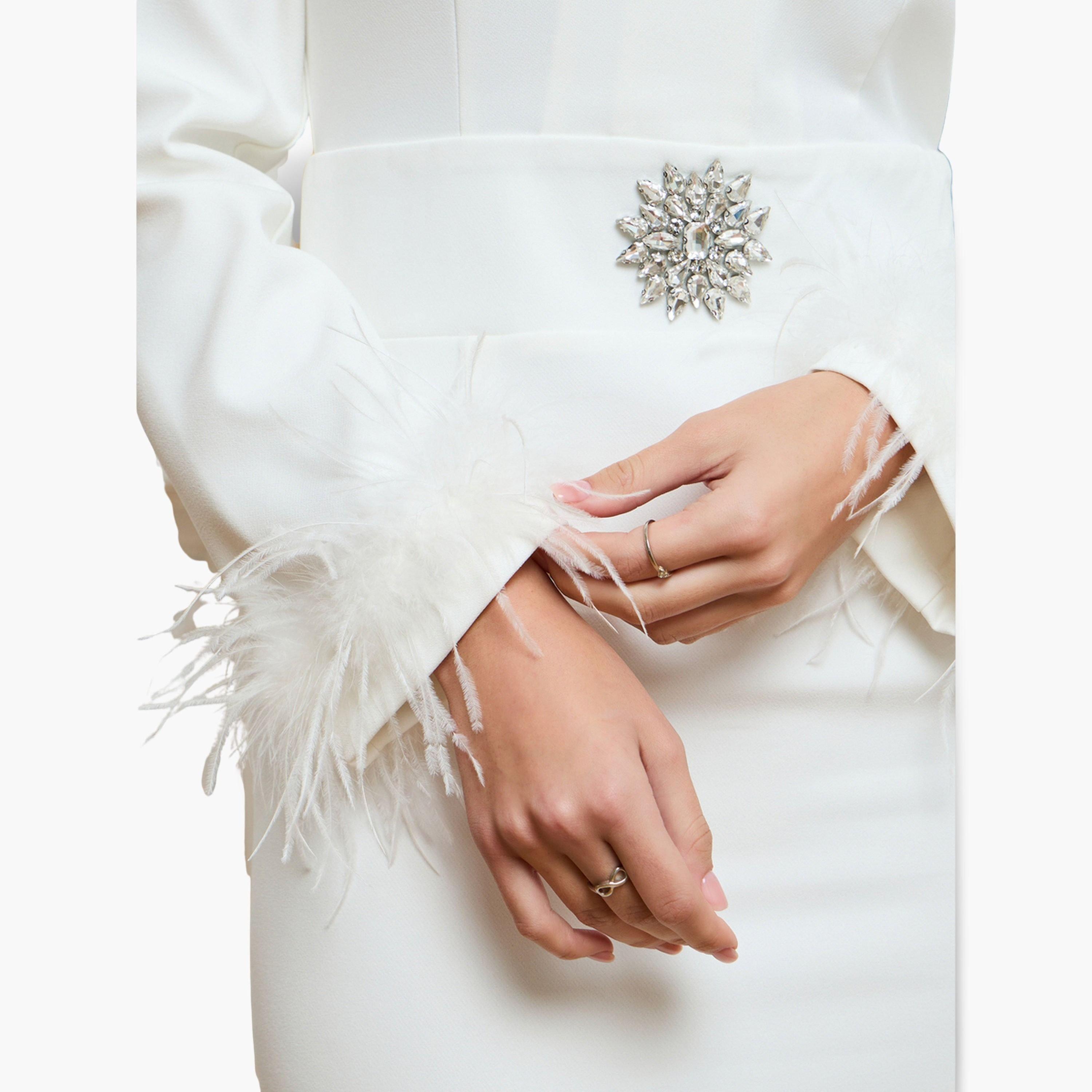 Styli Women White Fur cuff Long Sleeves Blazer Midi Dress-women-clothing-dresses-image-5