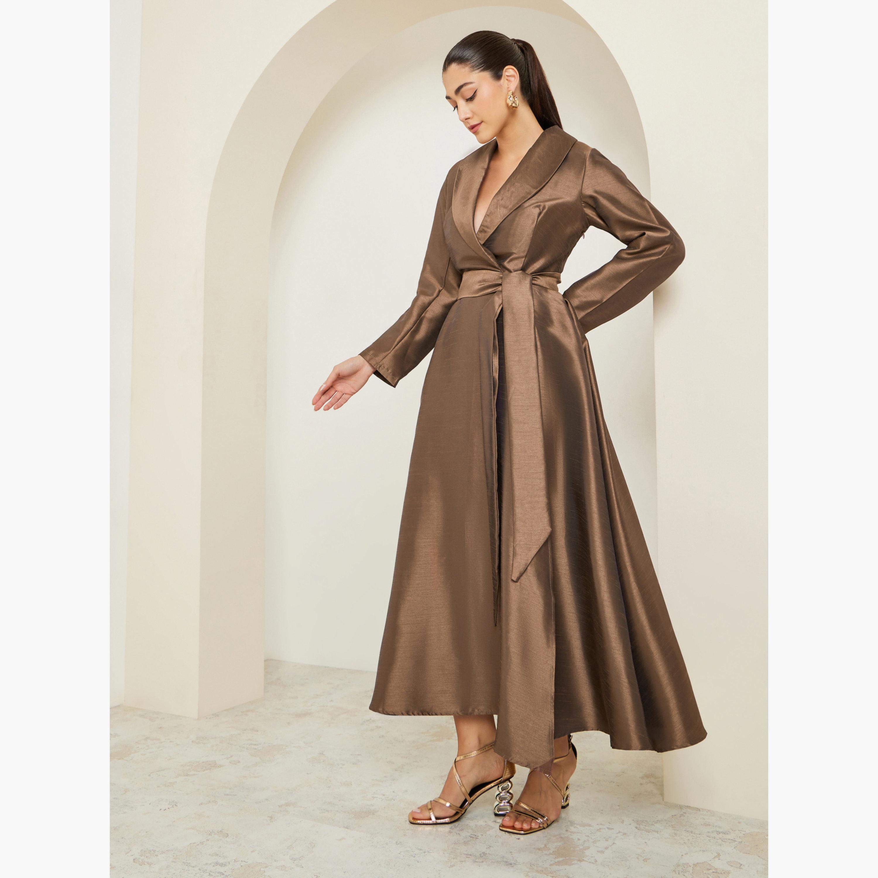 Styli Brown Organza Waist Tie Blazer Maxi Dress-women-clothing-dresses-image-2