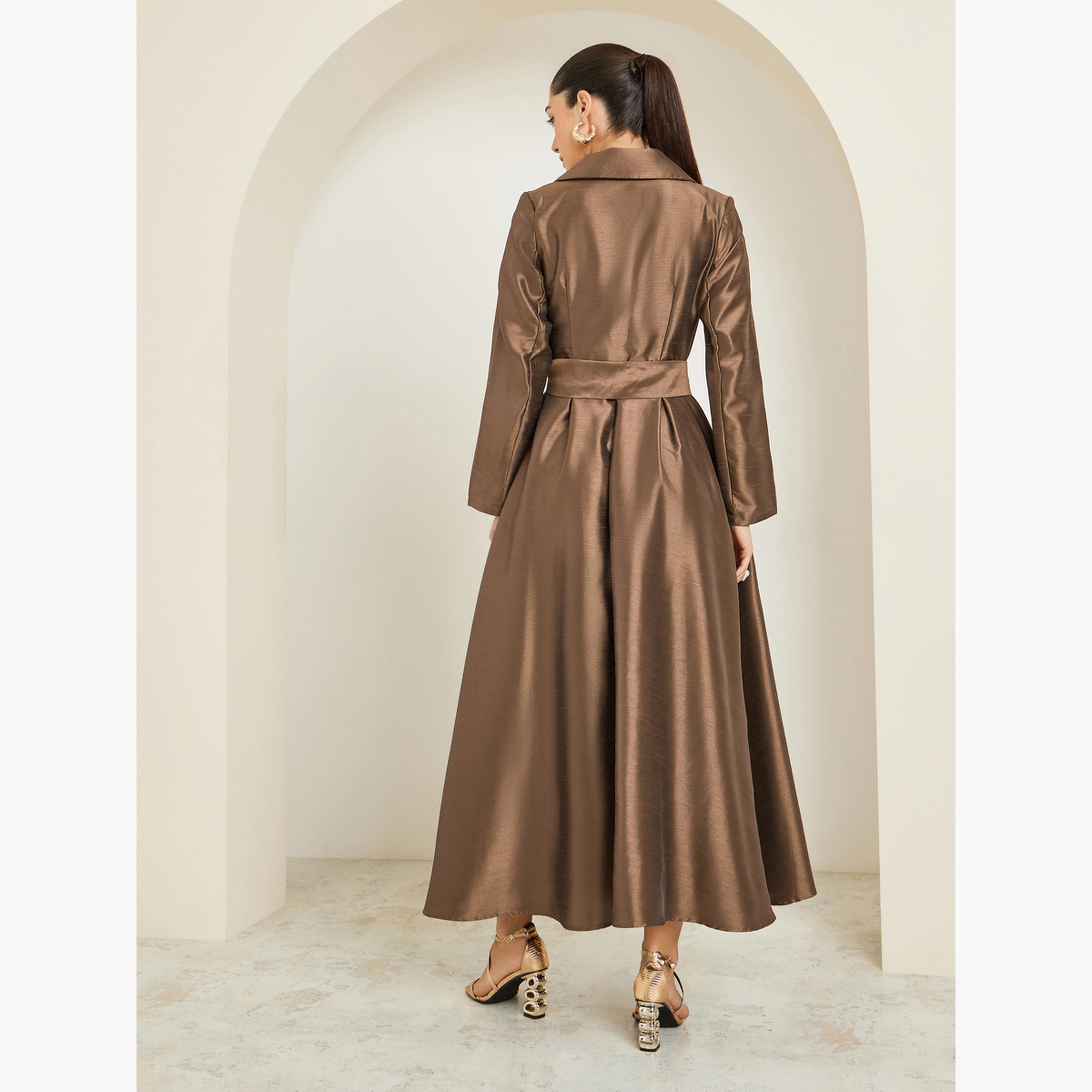 Styli Brown Organza Waist Tie Blazer Maxi Dress-women-clothing-dresses-image-3