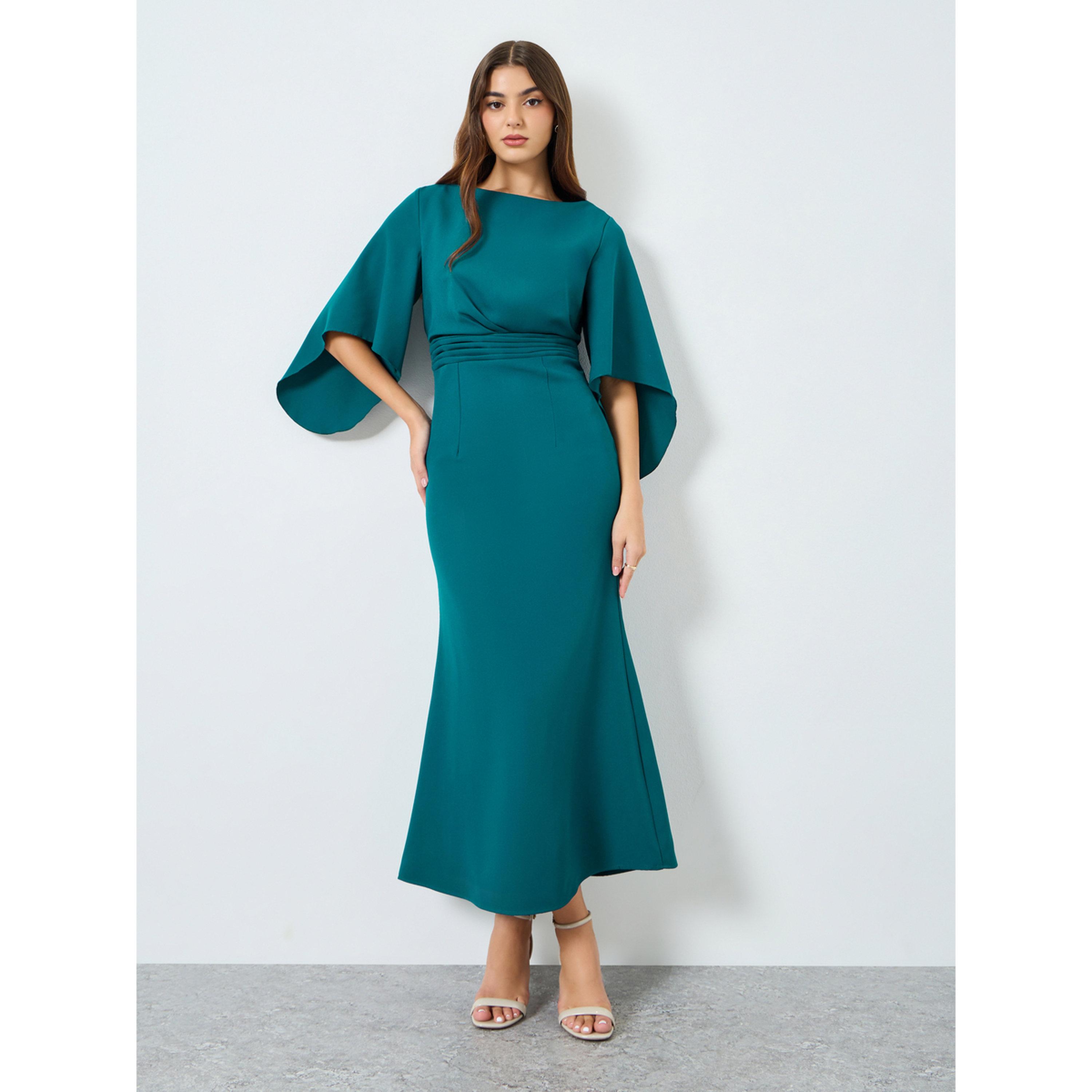 Styli Women Blue Solid Flared Sleeves A-Line Maxi Dress-women-clothing-dresses-image-1
