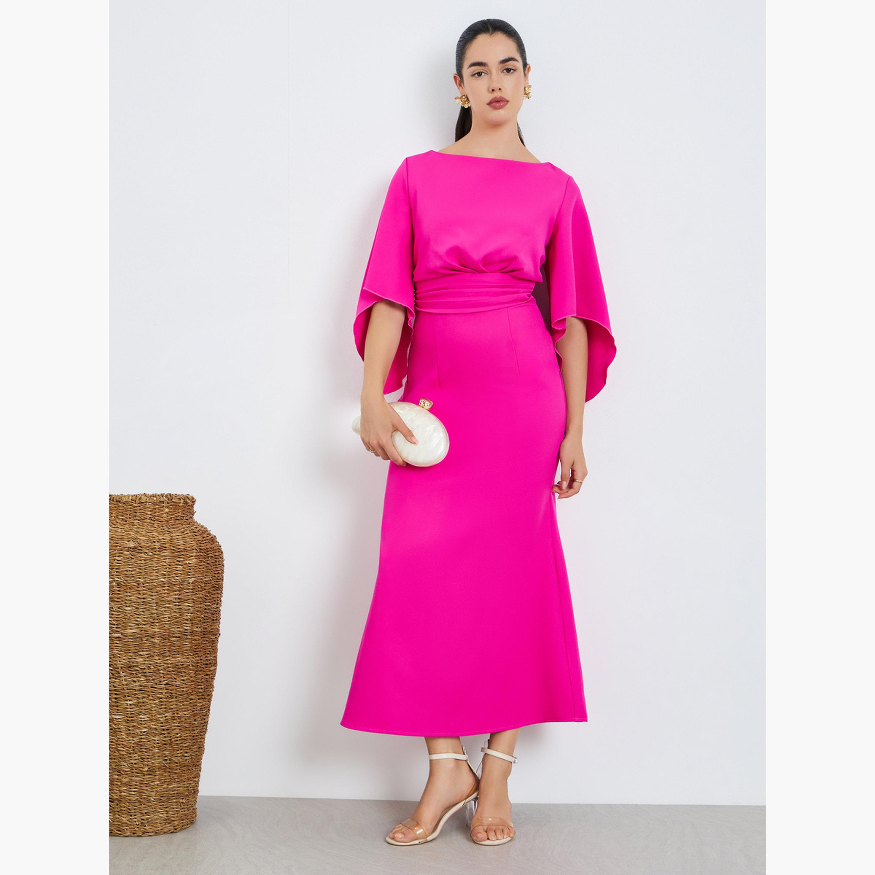 Styli Women Pink A-Line Maxi Dress with 3/4 Sleeves-women-clothing-dresses-image-1