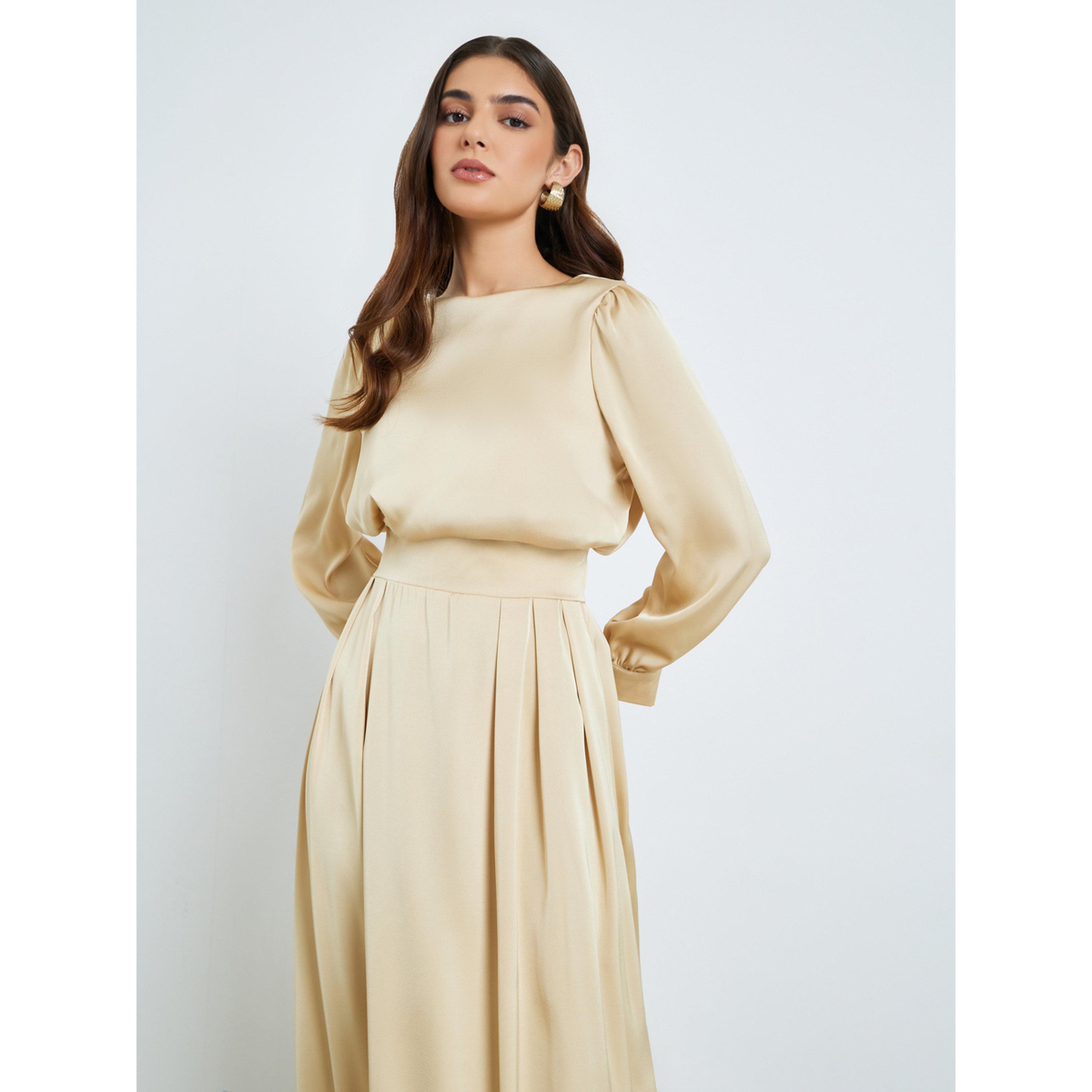 Styli Women Beige Pleated A-Line Maxi Dress-women-clothing-dresses-image-2