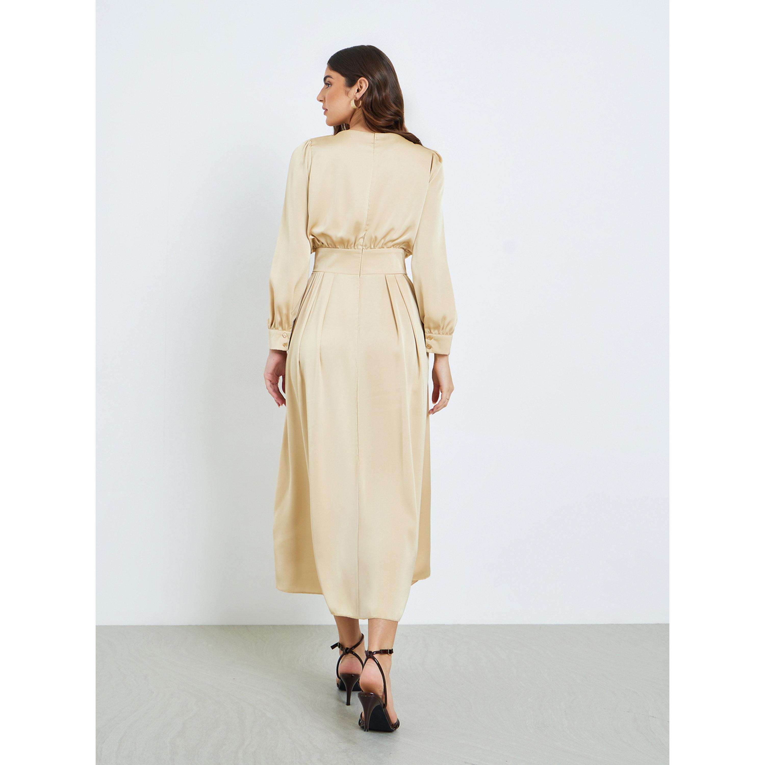 Styli Women Beige Pleated A-Line Maxi Dress-women-clothing-dresses-image-4