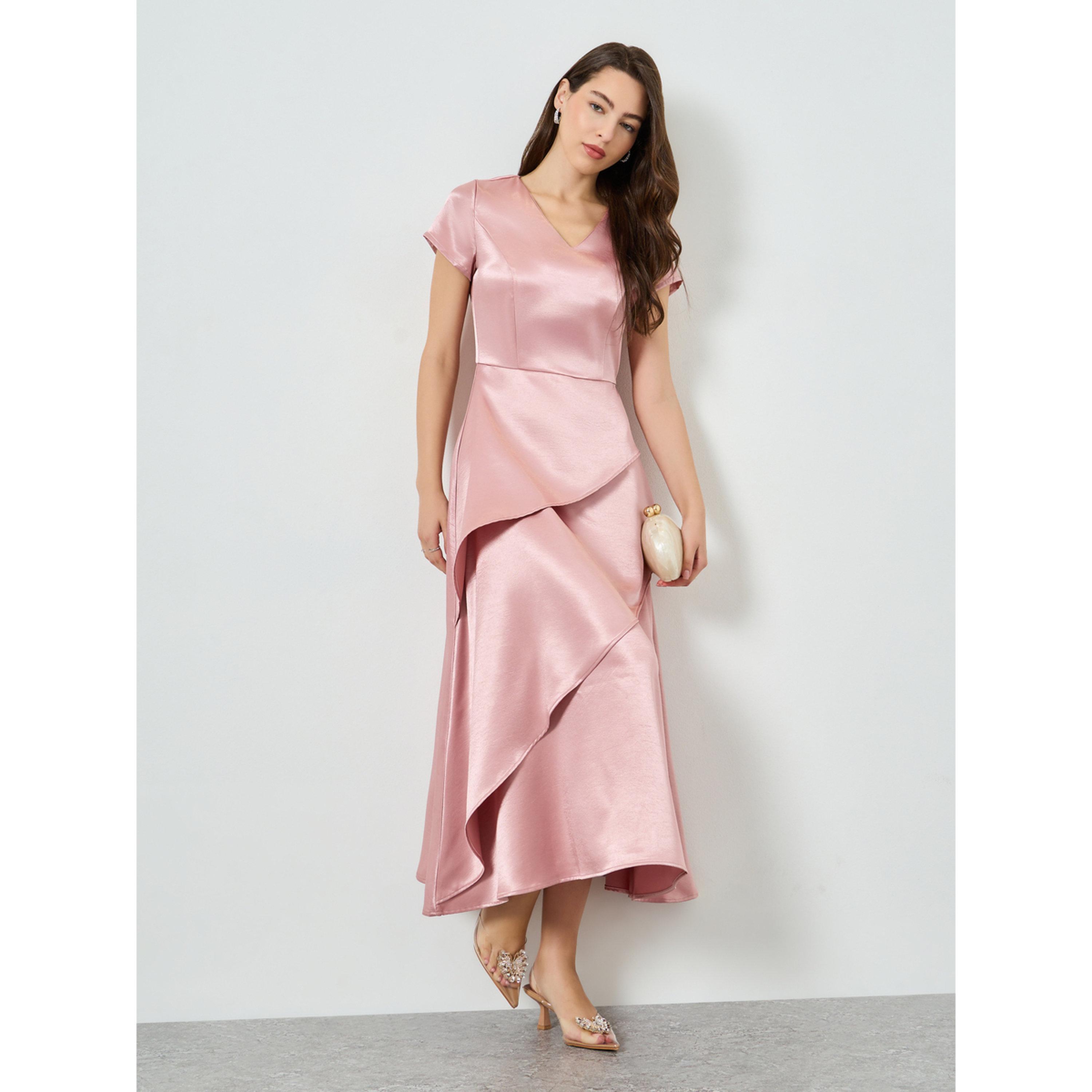 Styli Women Pink Satin Layered Maxi Dress-women-clothing-dresses-image-1