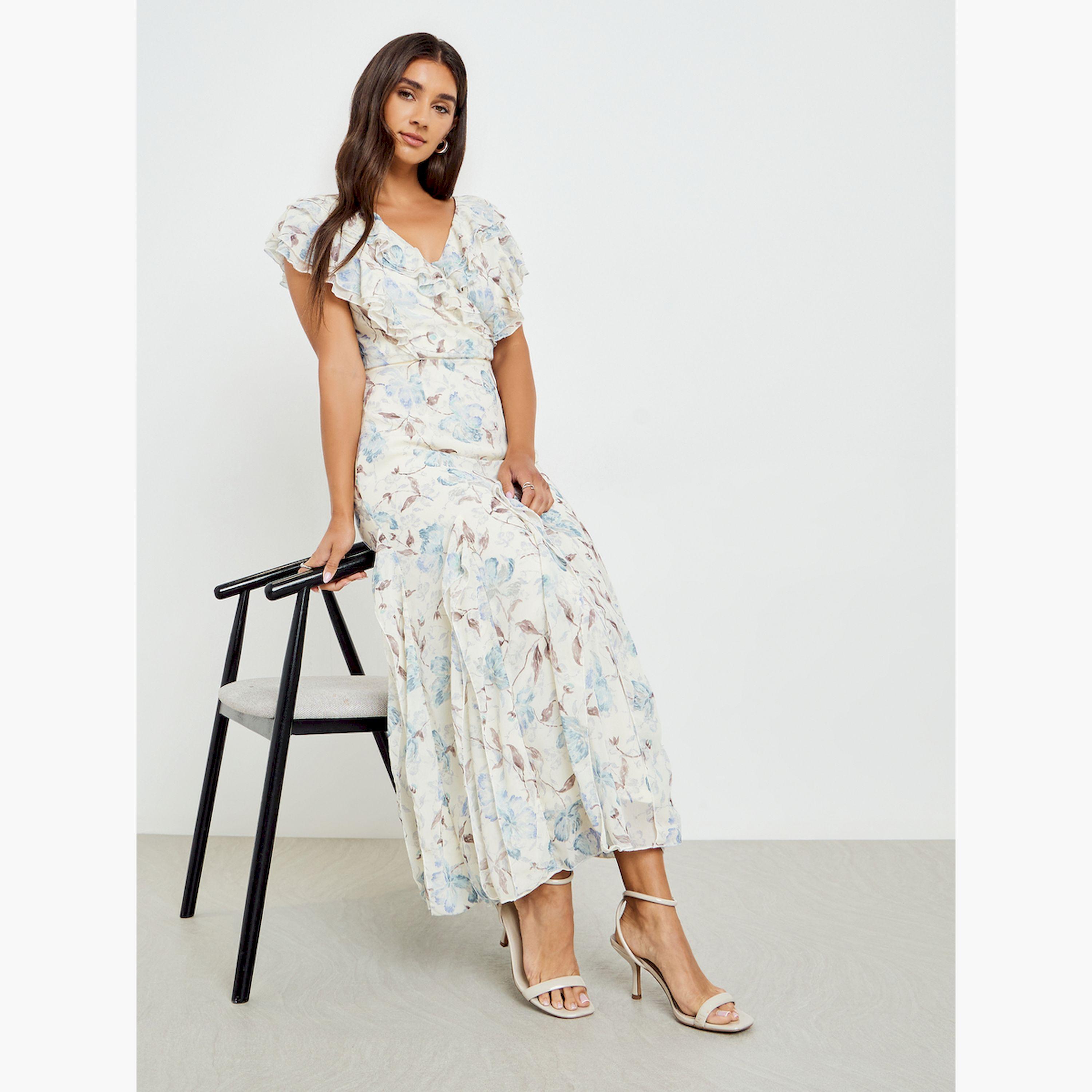 فستان طويل بطبعة زهور وتفاصيل كشكش-women-clothing-dresses-image-2