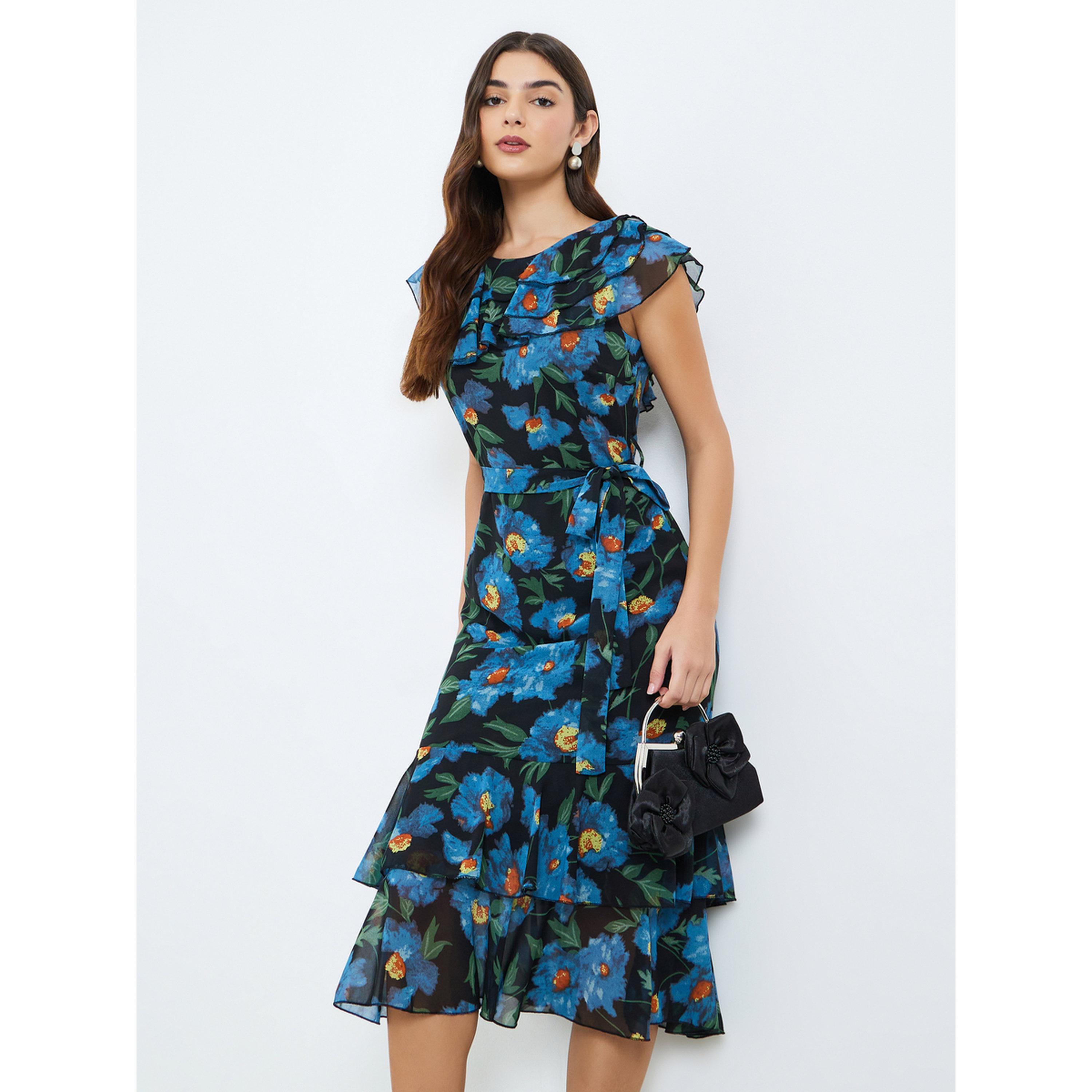 فستان ميدي بطبعة زهور وأكمام كشكش-women-clothing-dresses-image-1