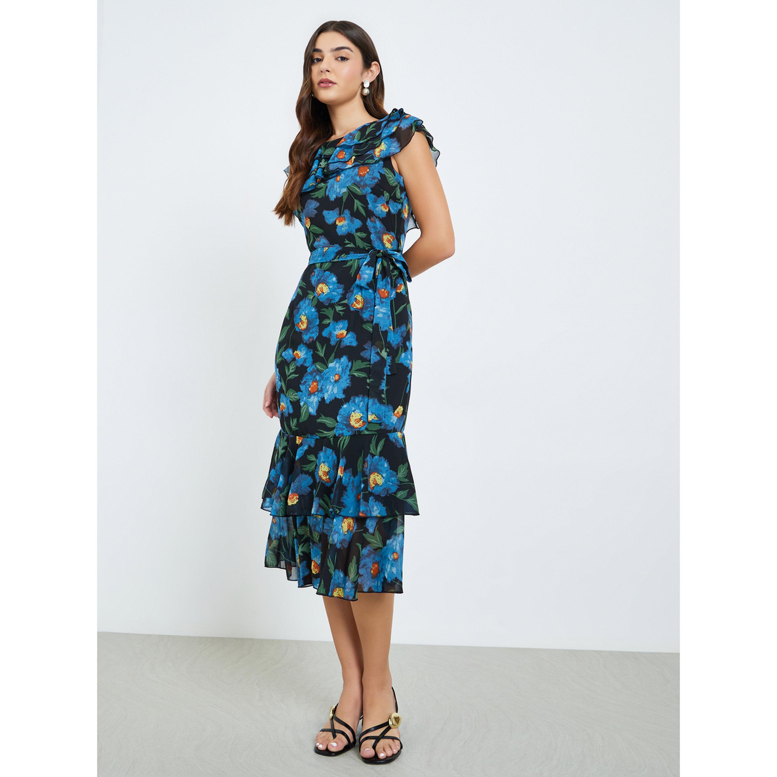 فستان ميدي بطبعة زهور وأكمام كشكش-women-clothing-dresses-image-2