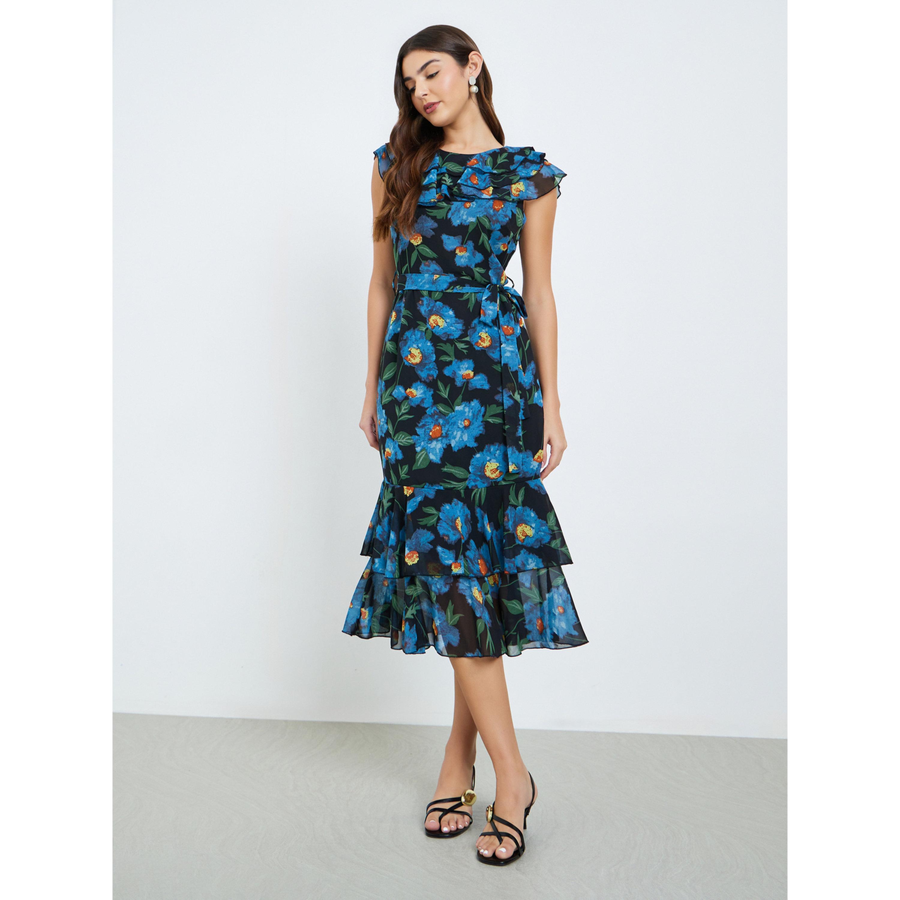 فستان ميدي بطبعة زهور وأكمام كشكش-women-clothing-dresses-image-4