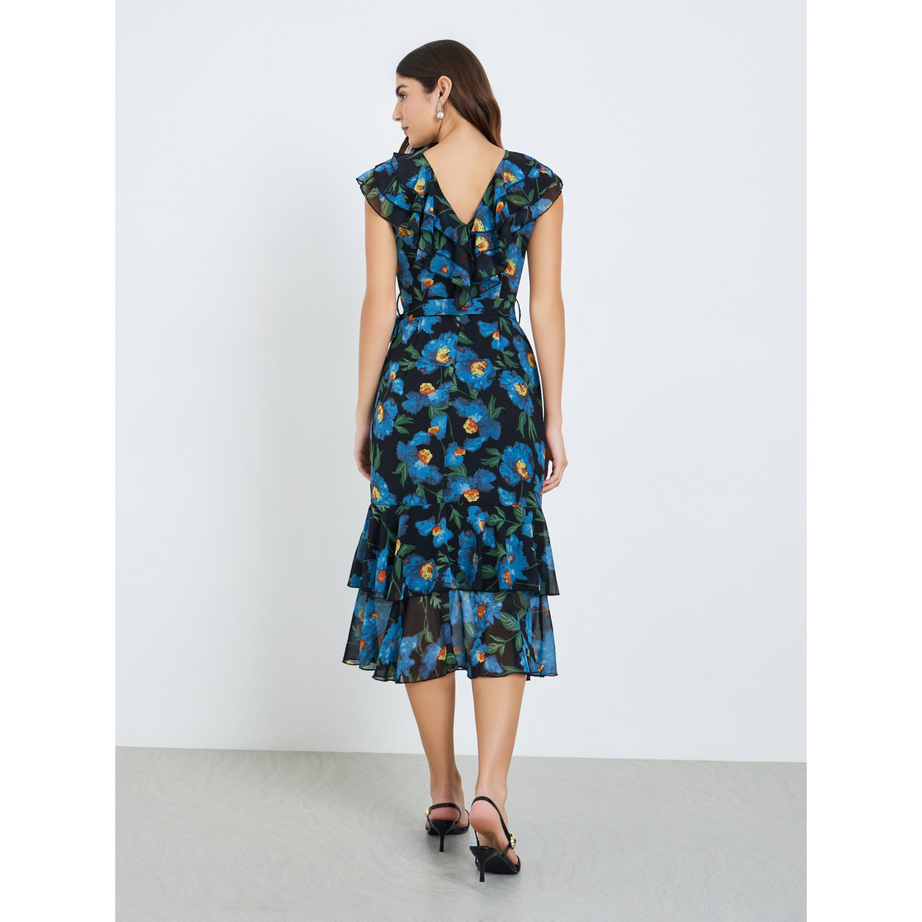 فستان ميدي بطبعة زهور وأكمام كشكش-women-clothing-dresses-image-5