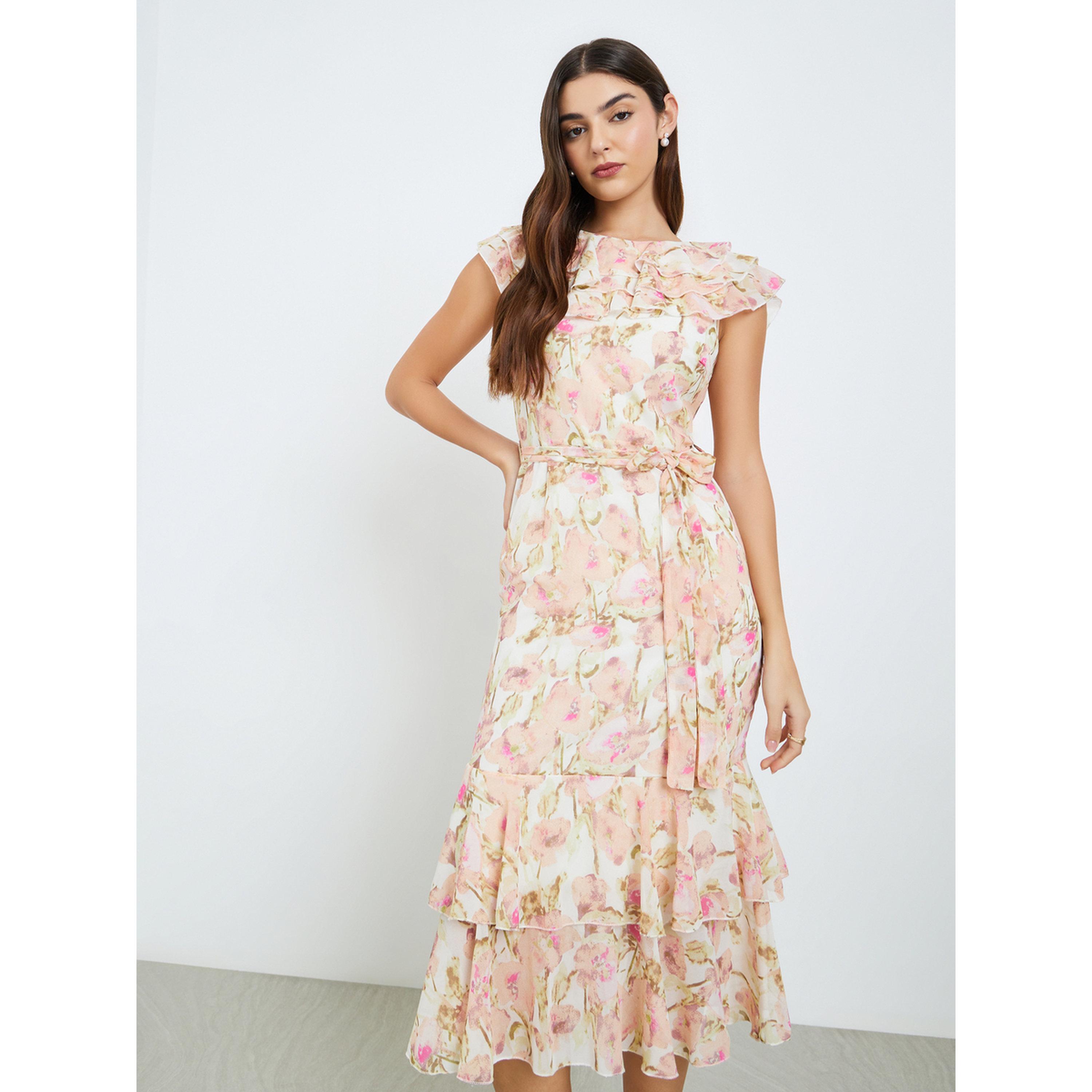 Styli Women Floral Print Frill Sleeves Sheath Midi Dress-women-clothing-dresses-image-1