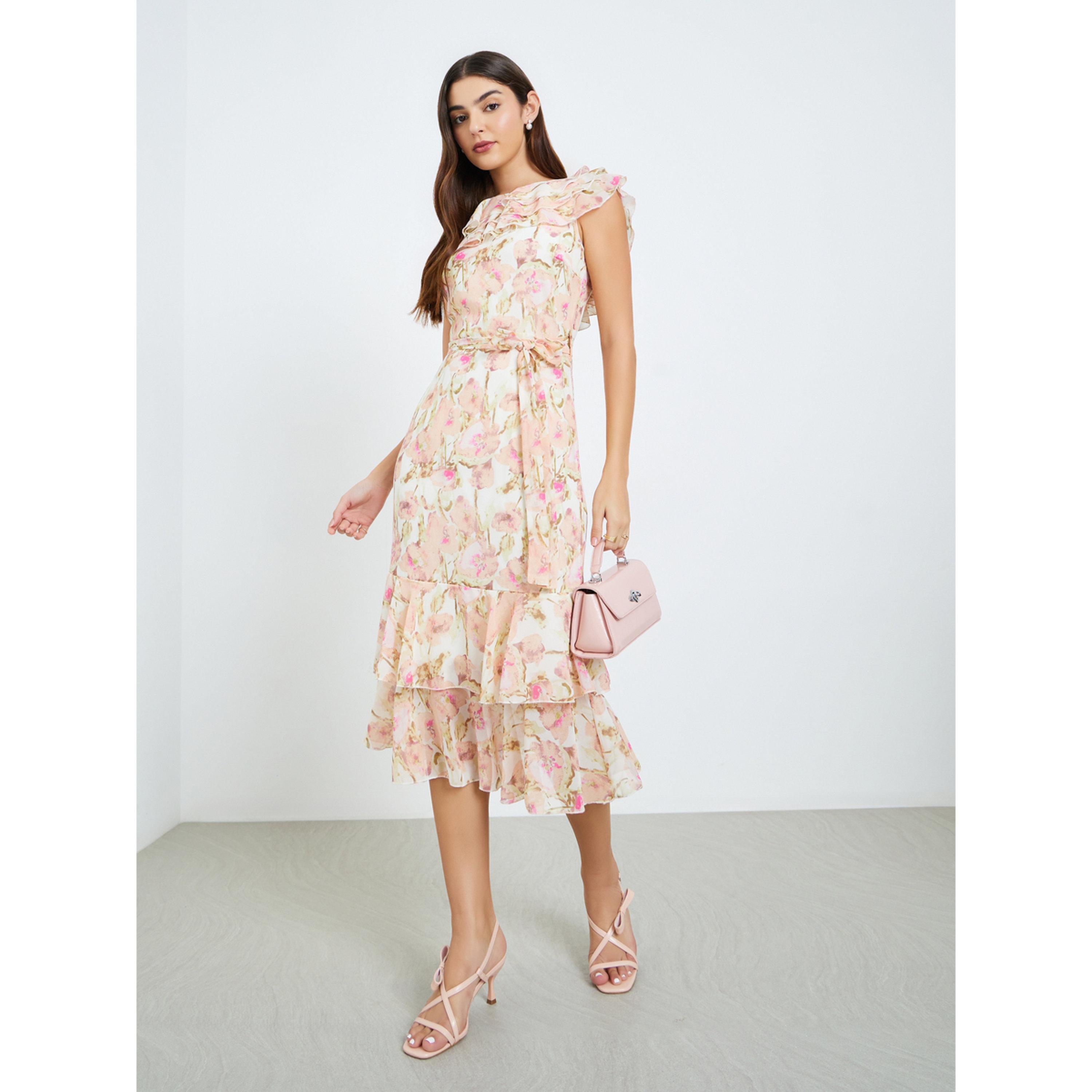 Styli Women Floral Print Frill Sleeves Sheath Midi Dress-women-clothing-dresses-image-2