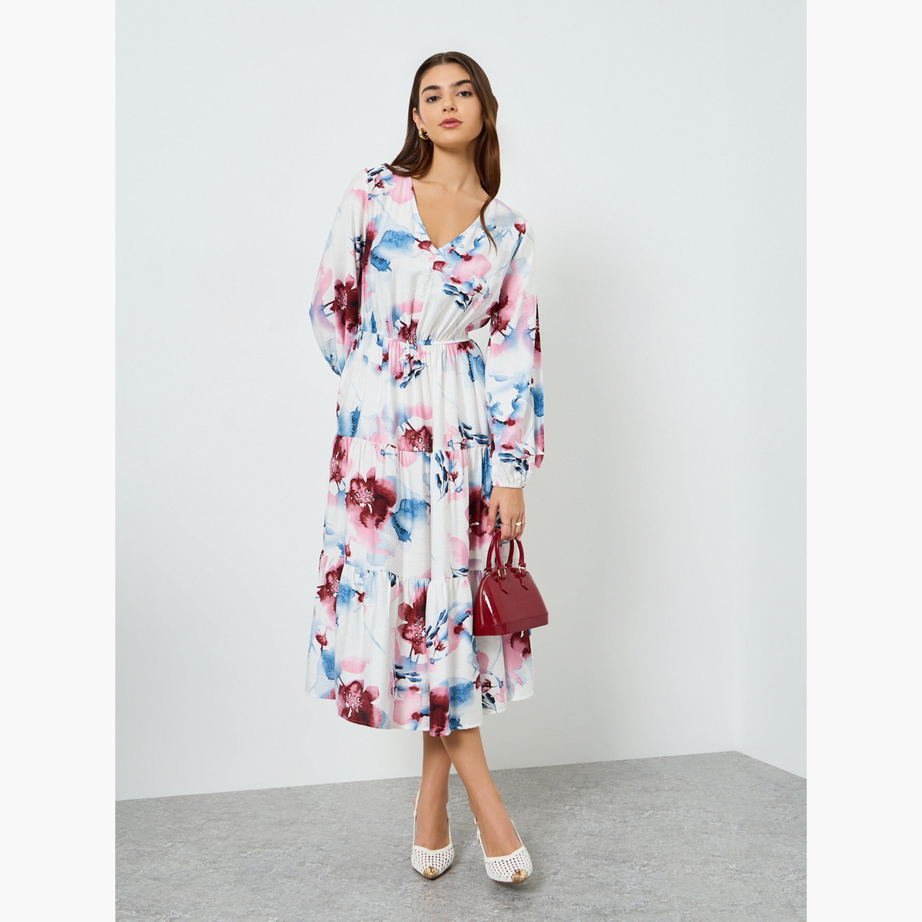 فستان ميدي بأكمام منفوخة وطبعة زهور للنساء-women-clothing-dresses-image-1
