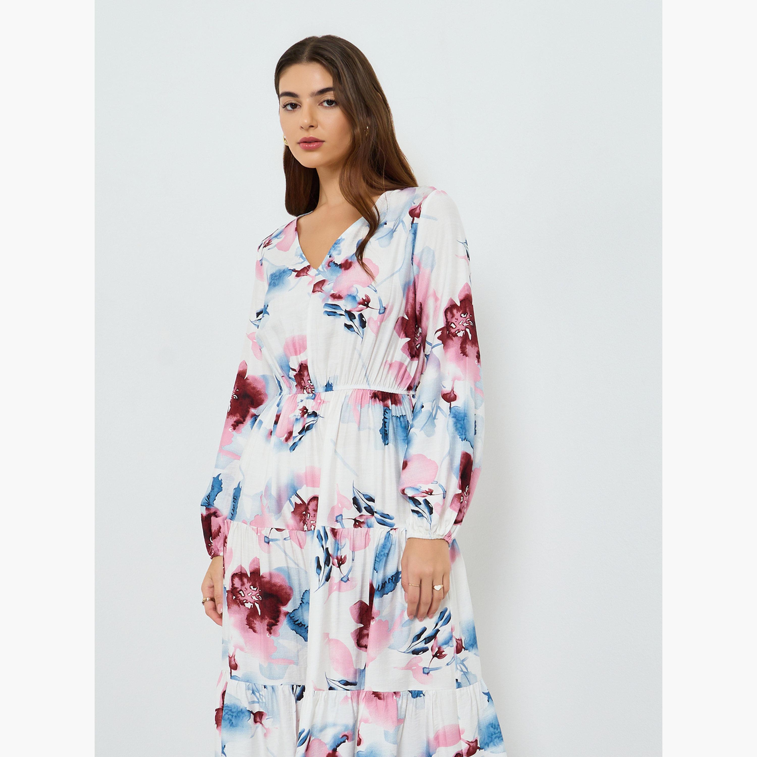 فستان ميدي بأكمام منفوخة وطبعة زهور للنساء-women-clothing-dresses-image-2