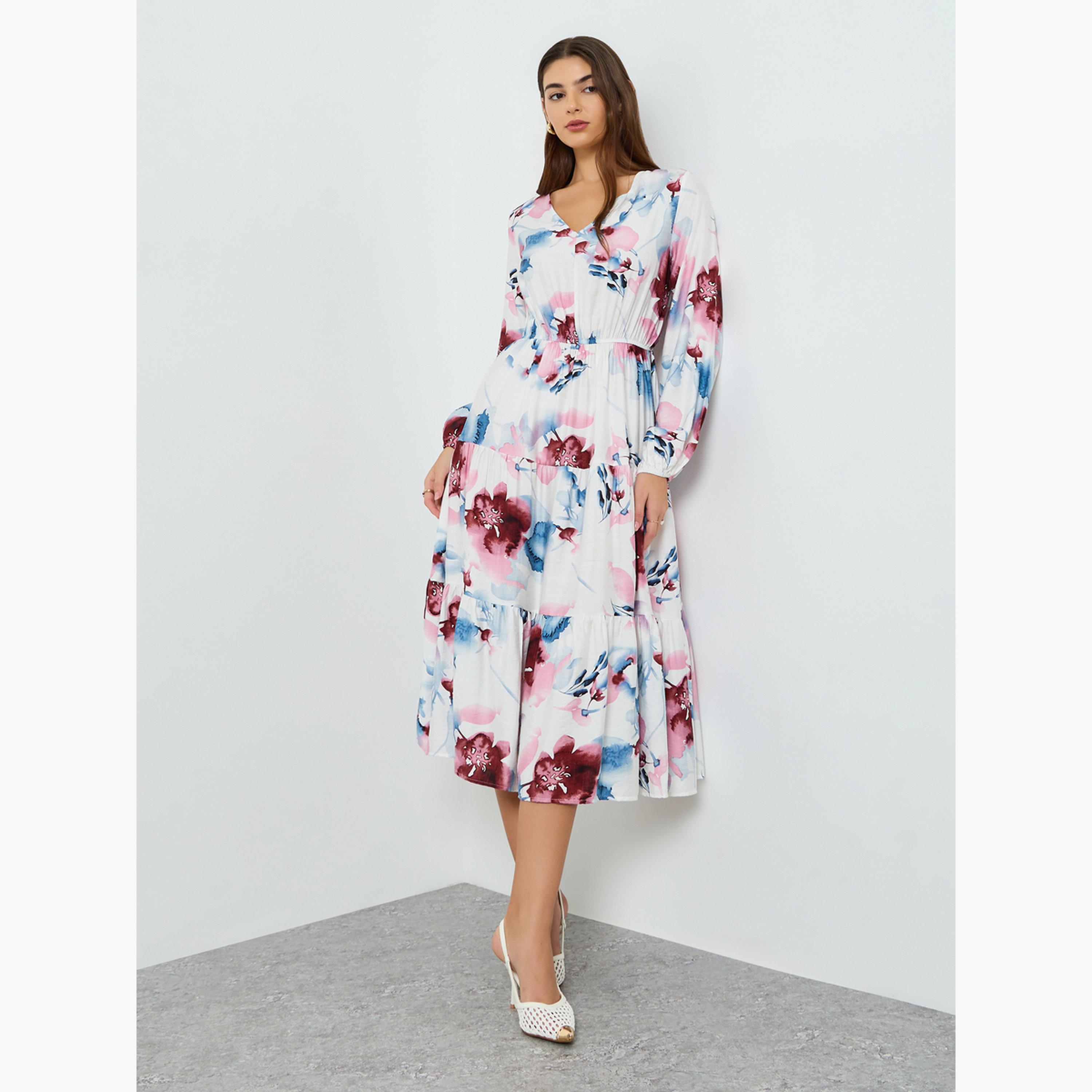 فستان ميدي بأكمام منفوخة وطبعة زهور للنساء-women-clothing-dresses-image-3