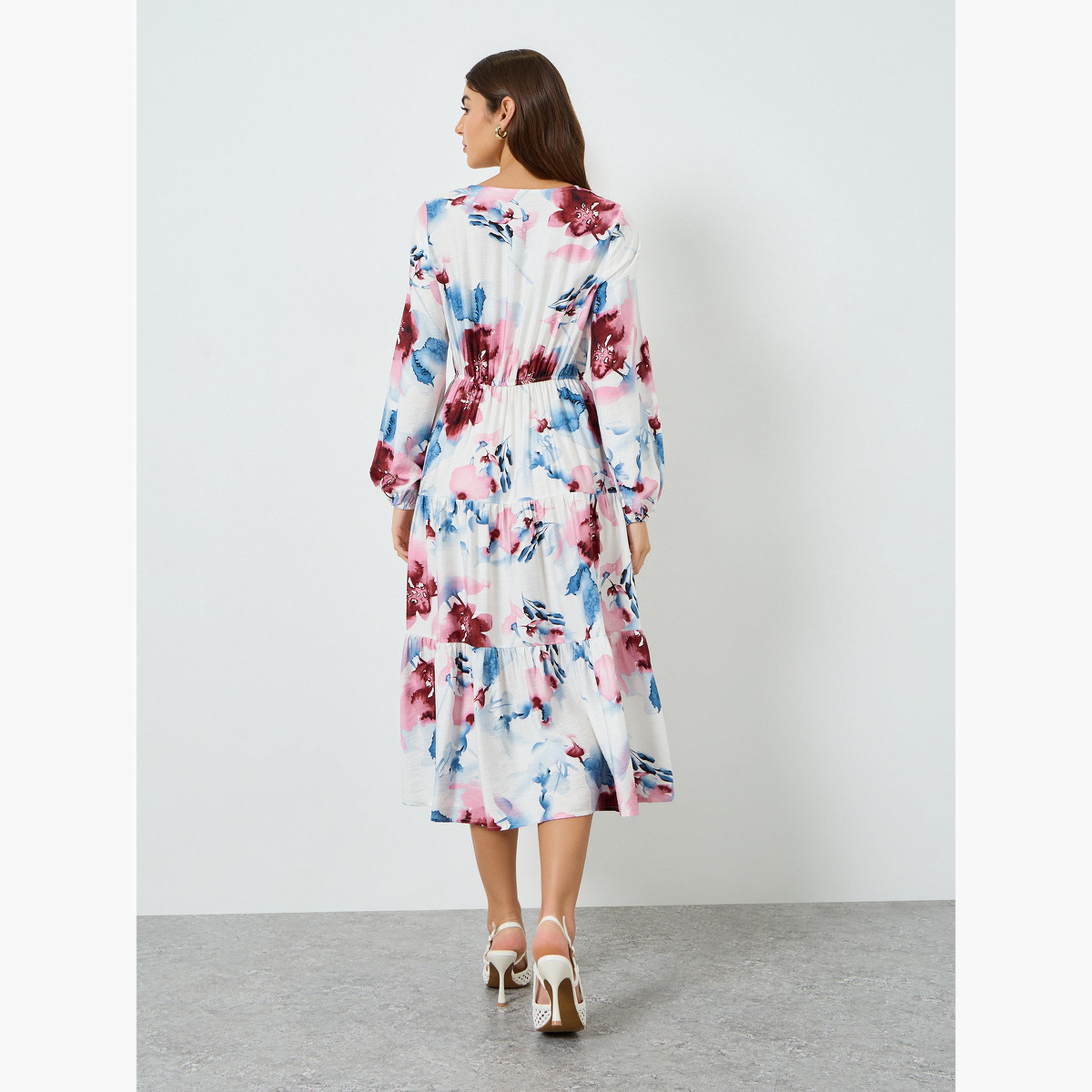 فستان ميدي بأكمام منفوخة وطبعة زهور للنساء-women-clothing-dresses-image-4