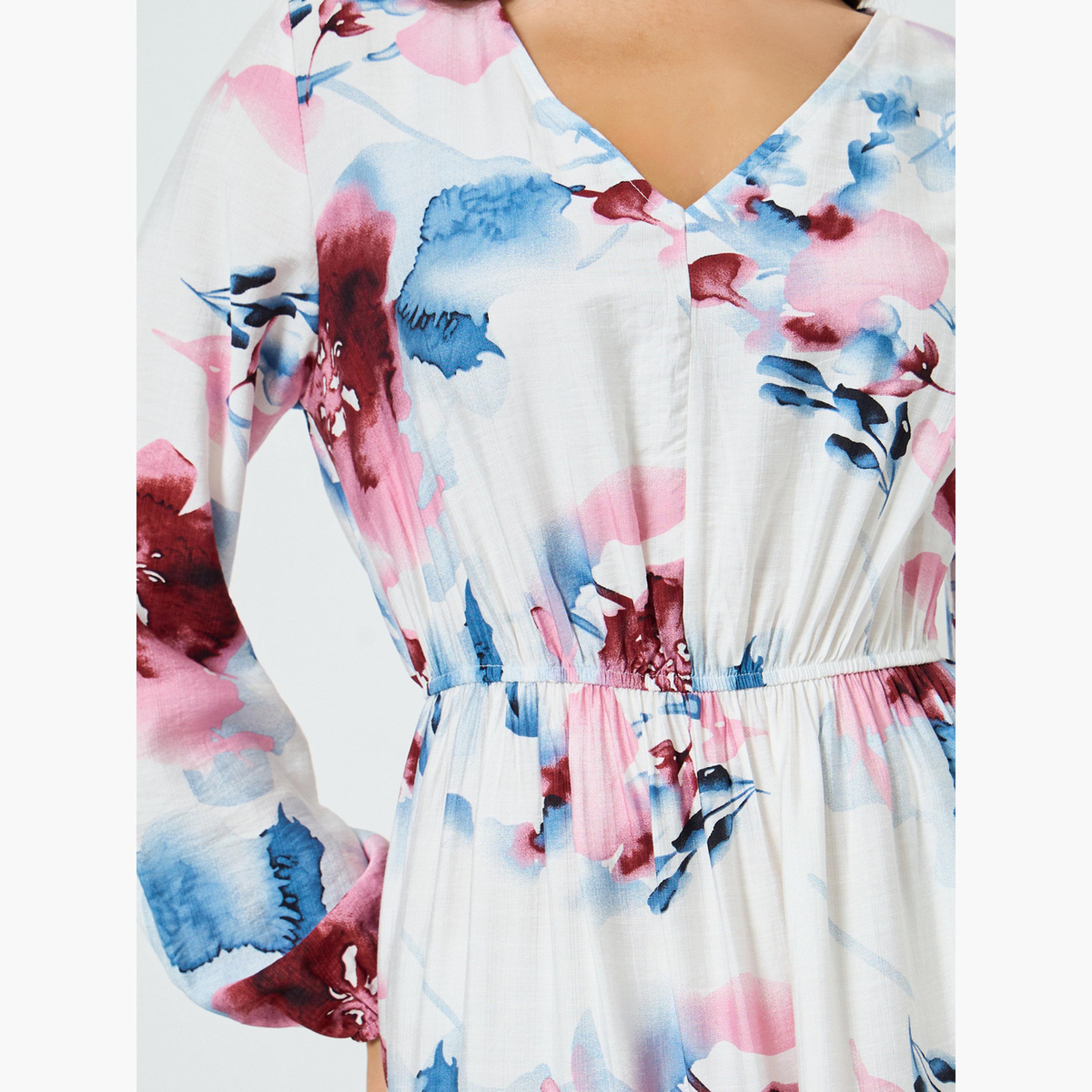 فستان ميدي بأكمام منفوخة وطبعة زهور للنساء-women-clothing-dresses-image-5
