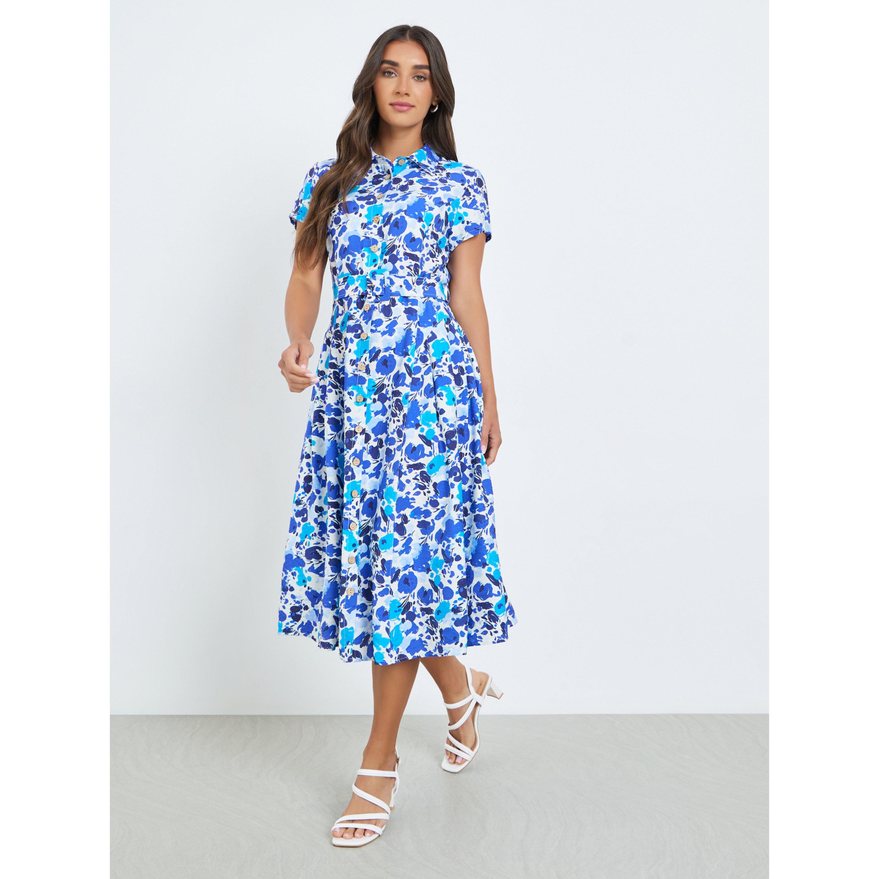 فستان ميدي بنمط قميص وطبعة زهور زرقاء-women-clothing-dresses-image-1