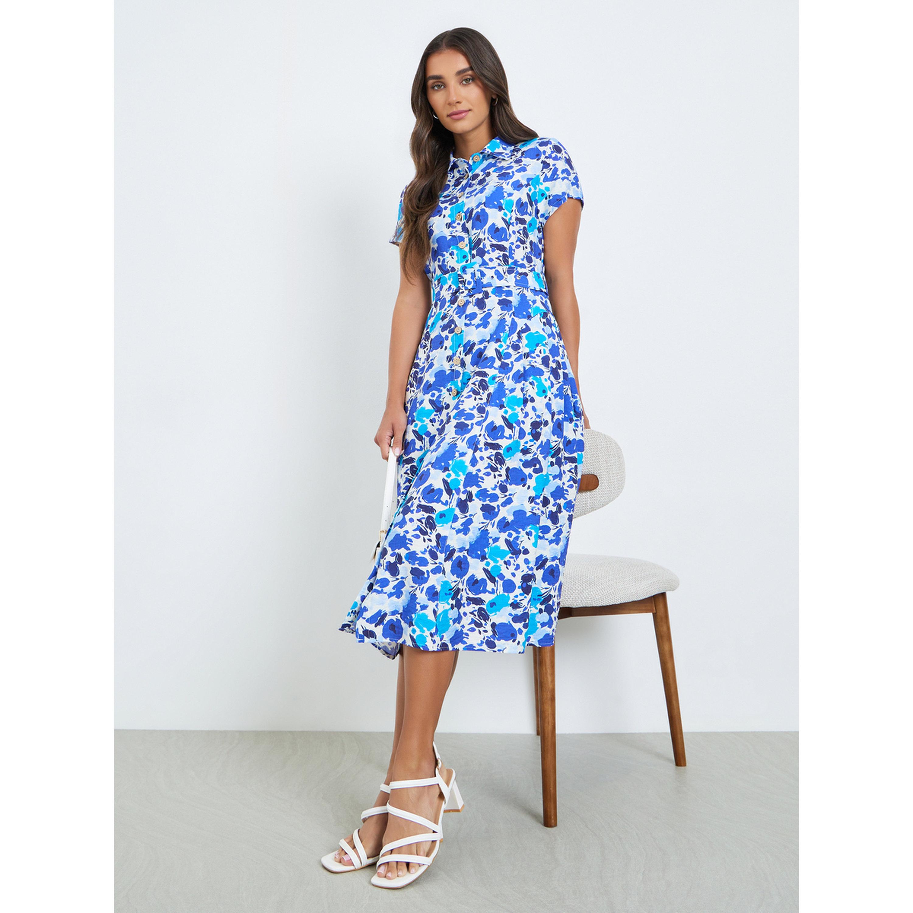 فستان ميدي بنمط قميص وطبعة زهور زرقاء-women-clothing-dresses-image-2