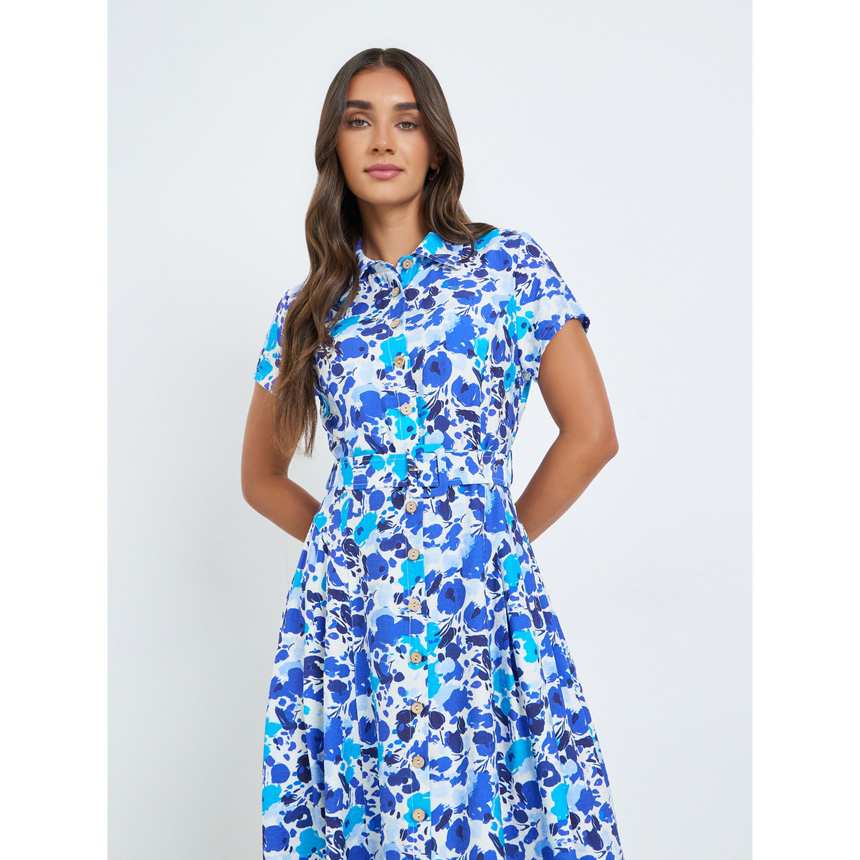 فستان ميدي بنمط قميص وطبعة زهور زرقاء-women-clothing-dresses-image-3