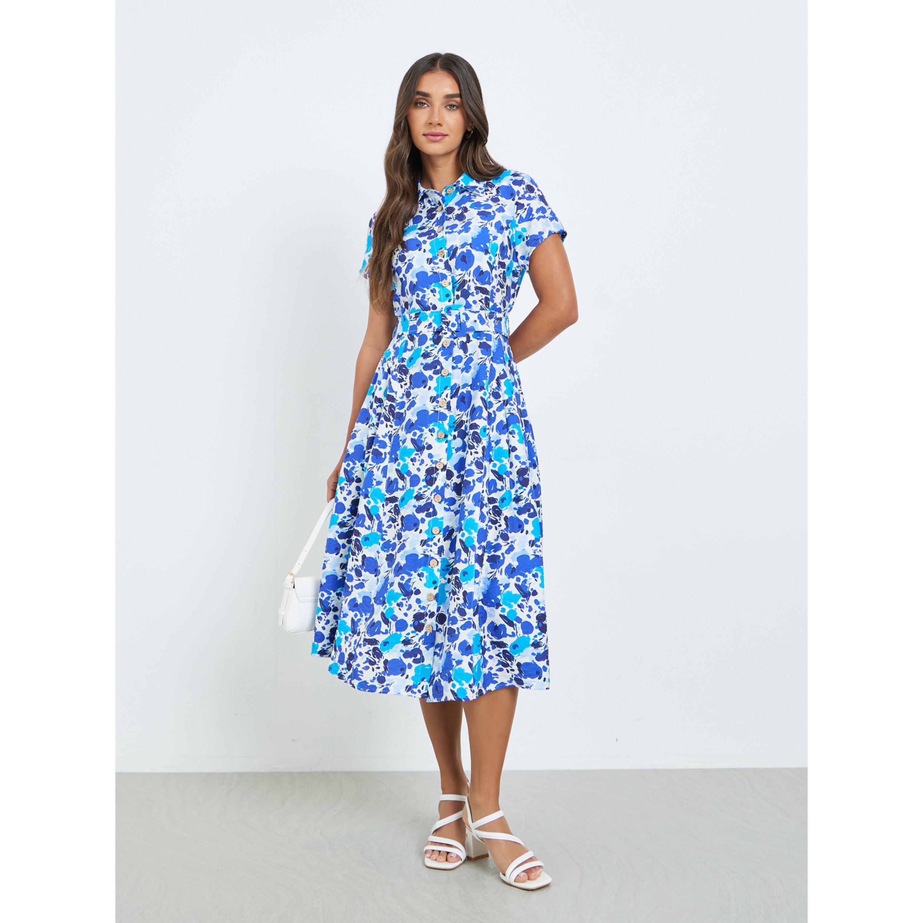 فستان ميدي بنمط قميص وطبعة زهور زرقاء-women-clothing-dresses-image-4