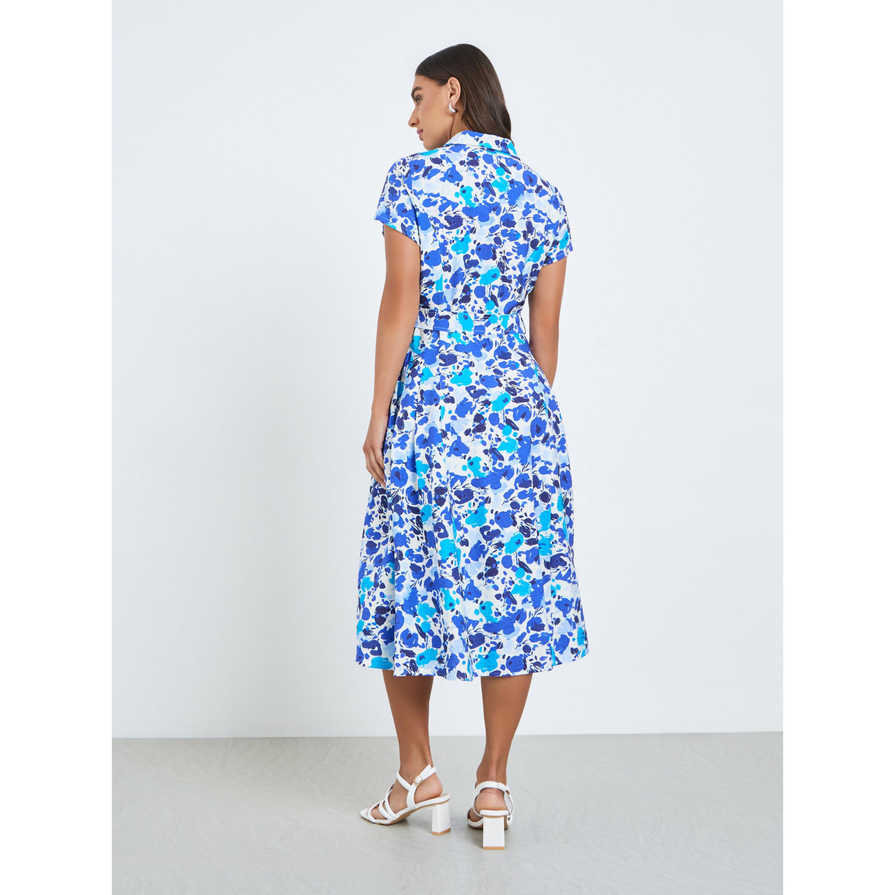 فستان ميدي بنمط قميص وطبعة زهور زرقاء-women-clothing-dresses-image-5