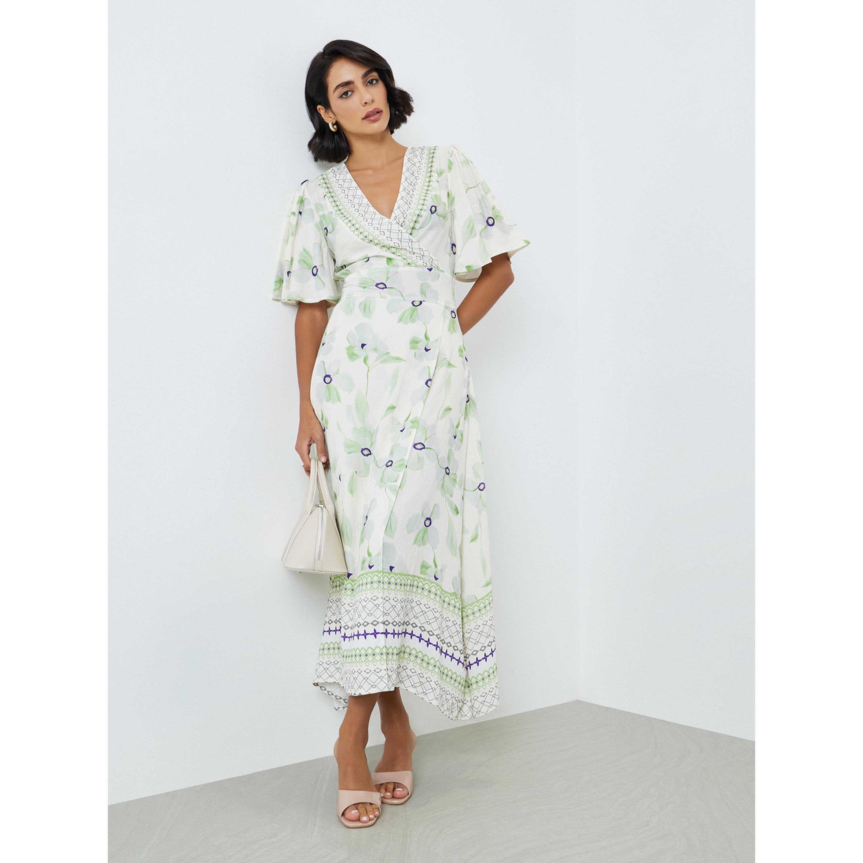 Styli Women Green Floral Print Puff Sleeves Maxi Dress-women-clothing-dresses-image-1