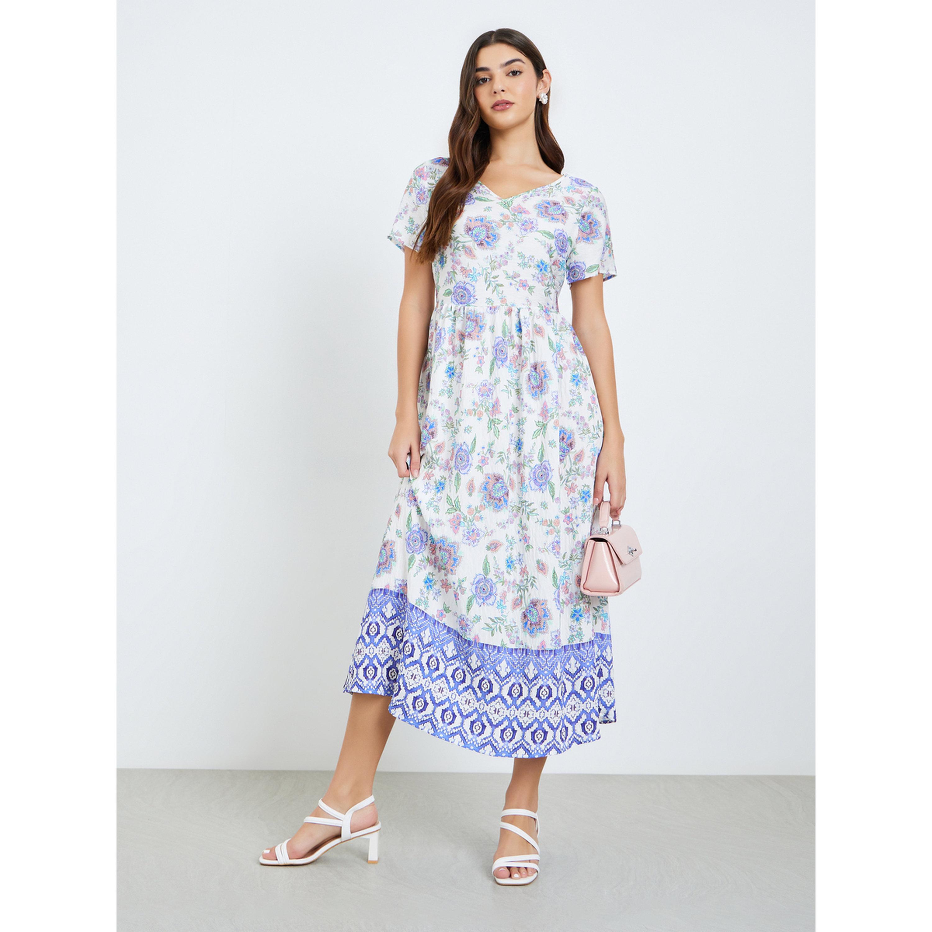 فستان ميدي بطبعة زهور وحافة واسعة-women-clothing-dresses-image-1