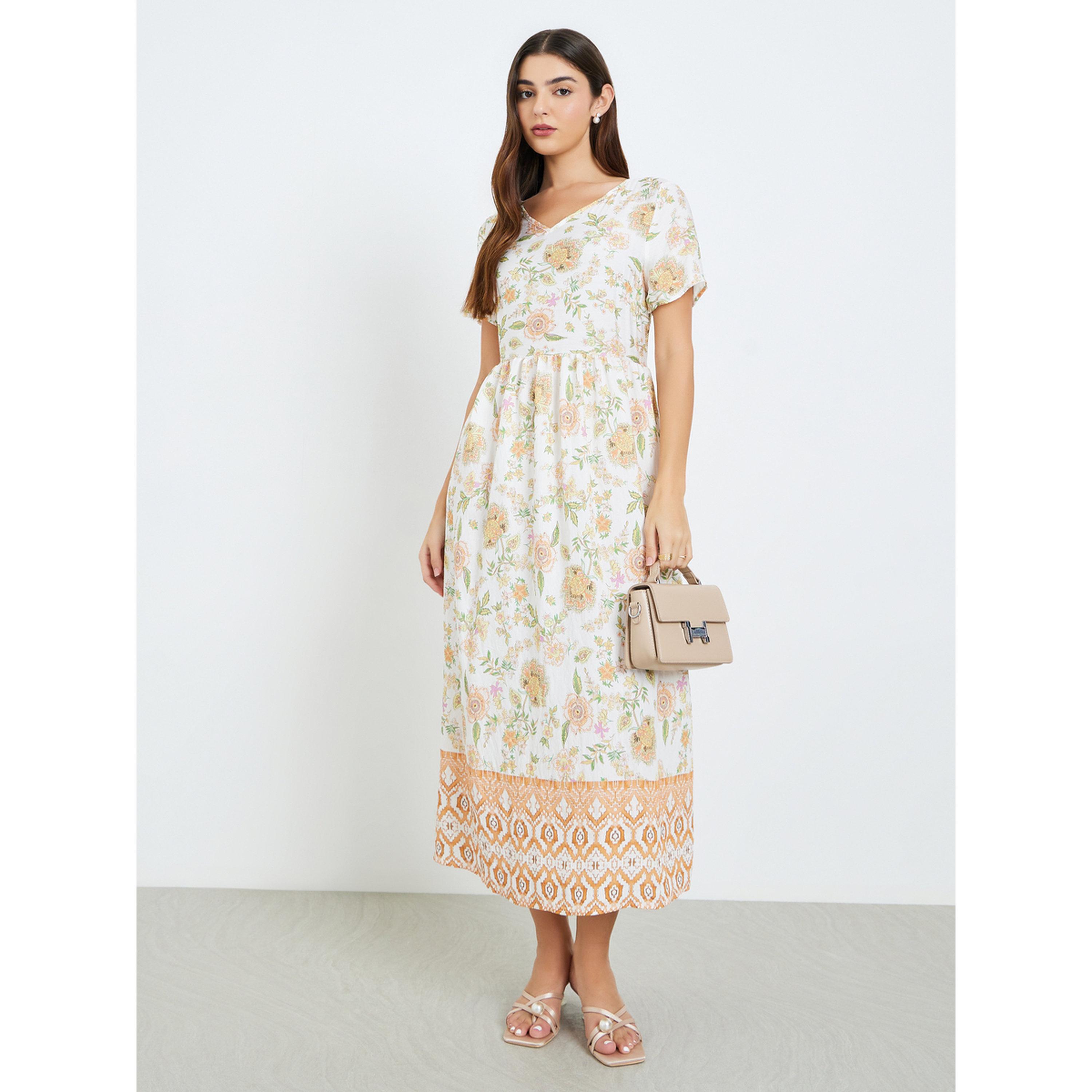 Styli Women Orange Floral Print A-Line Midi Dress-women-clothing-dresses-image-1