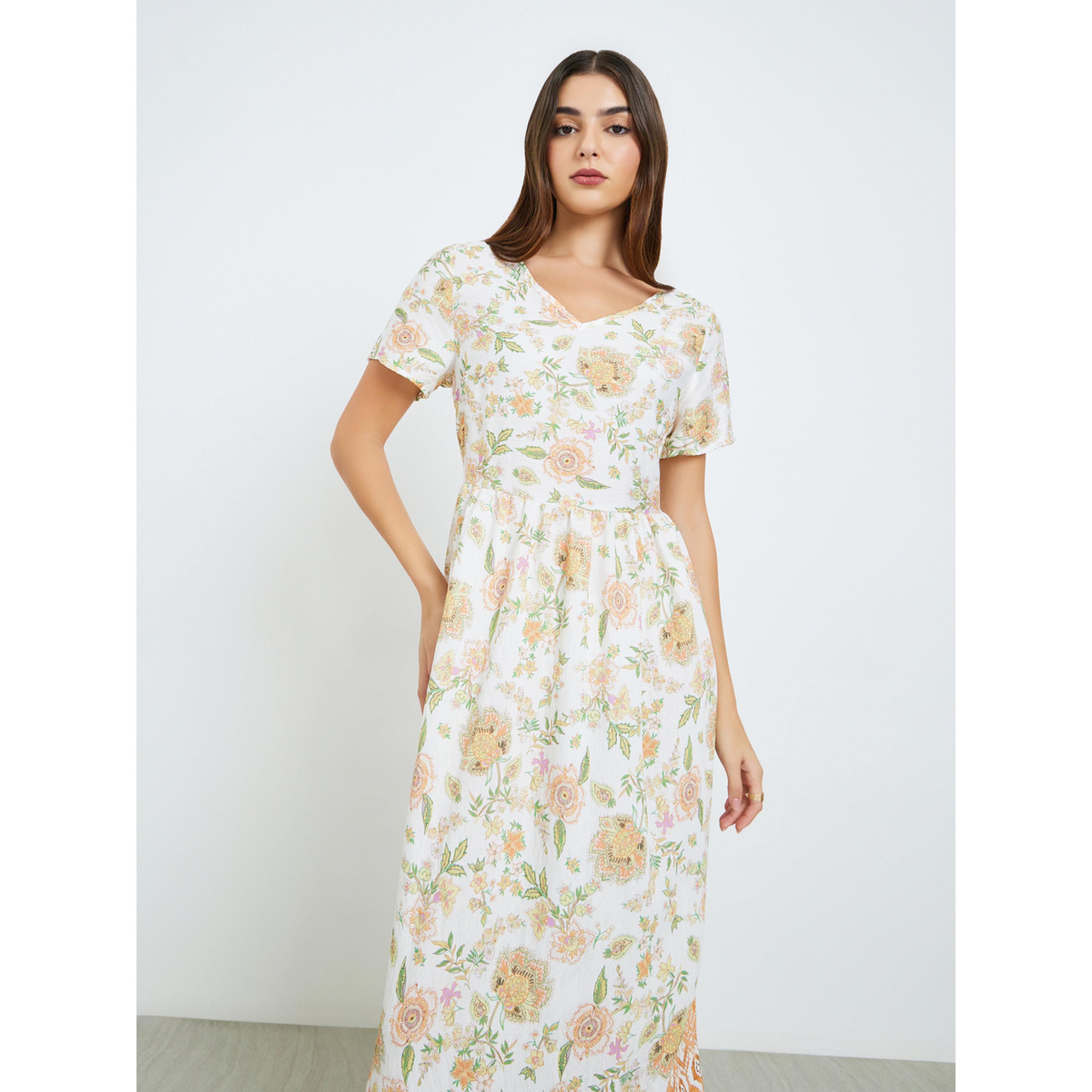 Styli Women Orange Floral Print A-Line Midi Dress-women-clothing-dresses-image-2