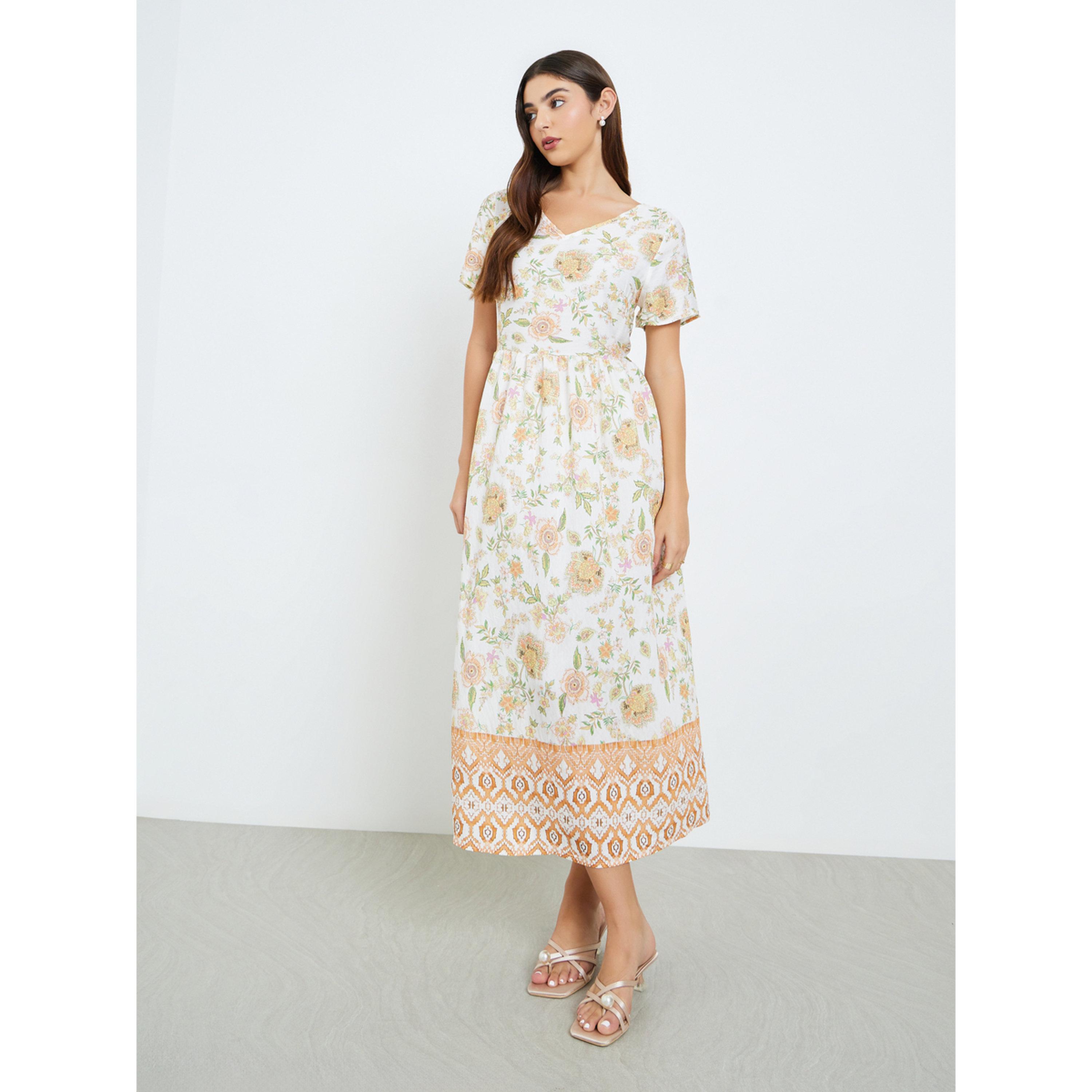 Styli Women Orange Floral Print A-Line Midi Dress-women-clothing-dresses-image-3