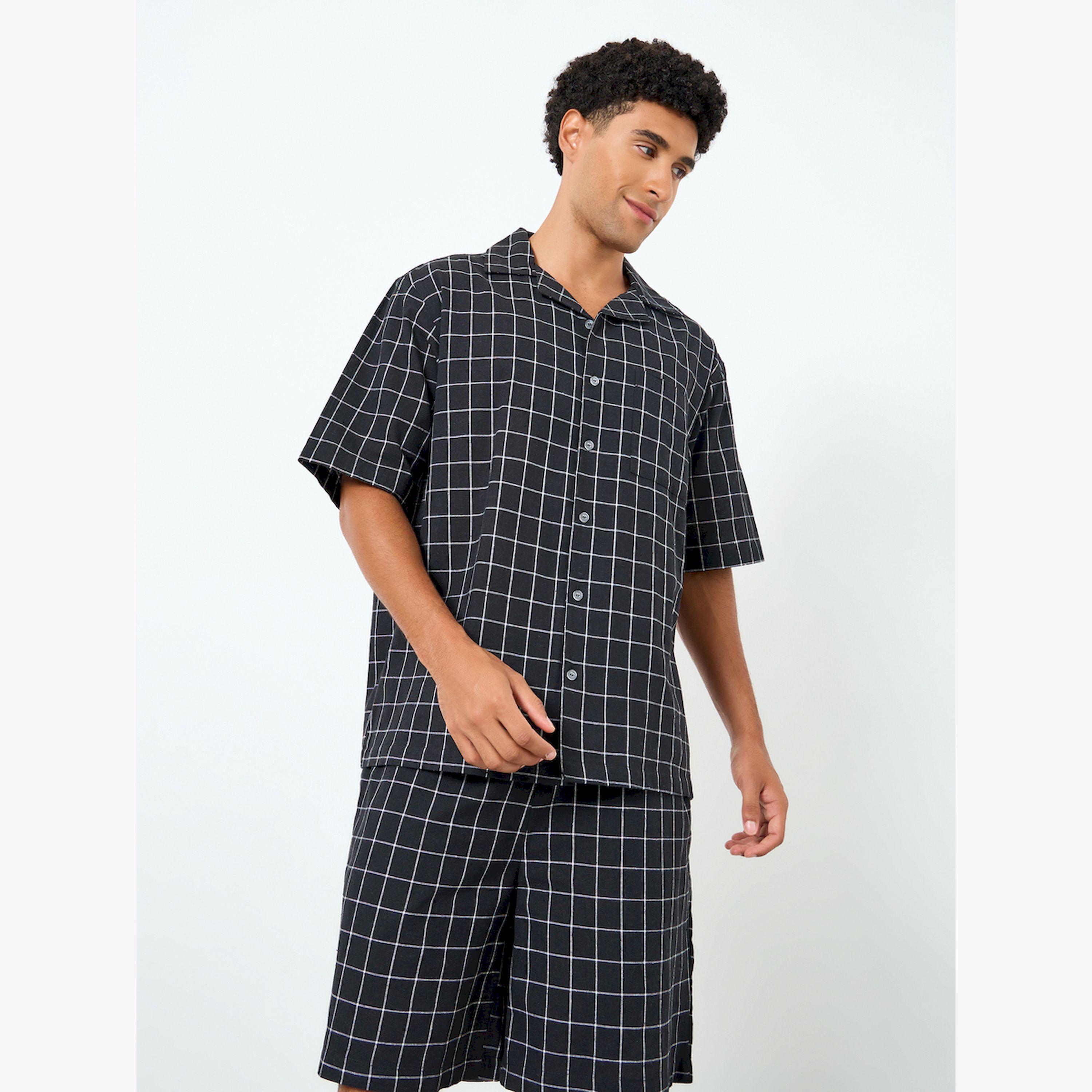 Styli Men Black Relaxed Checked Shirt and Shorts Set-men-clothing-nightwear-sets-image-2