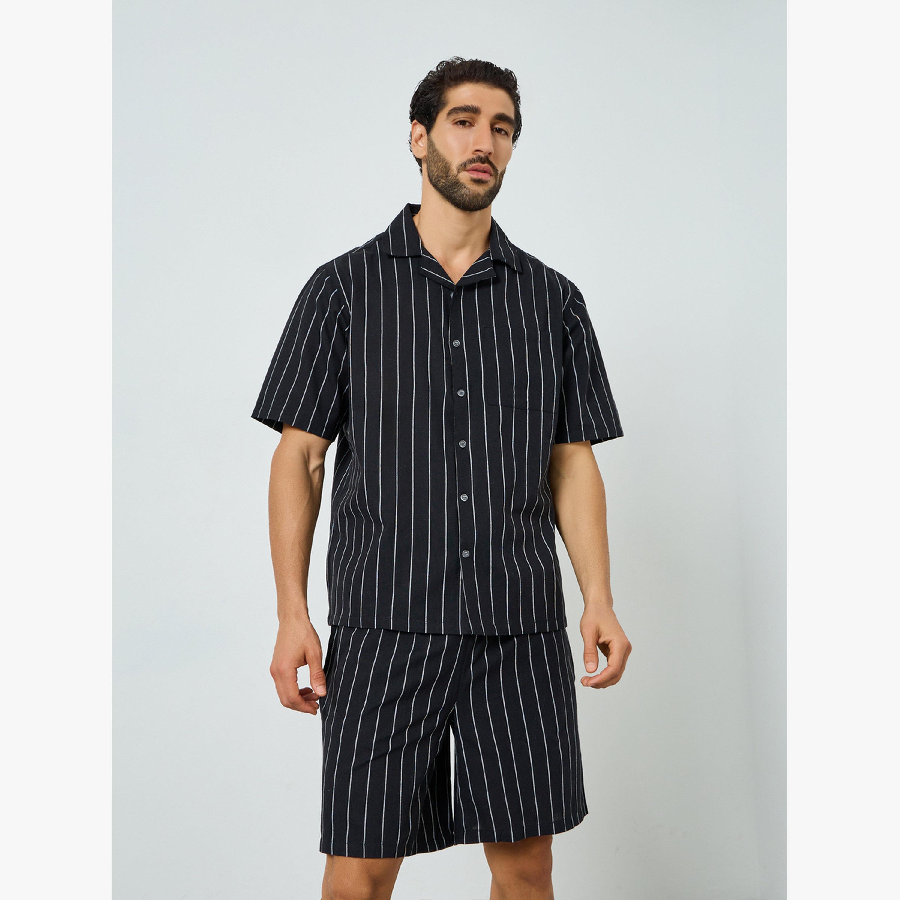 Styli Men Black Striped Cotton Shirt and Shorts Set-men-clothing-nightwear-sets-image-1