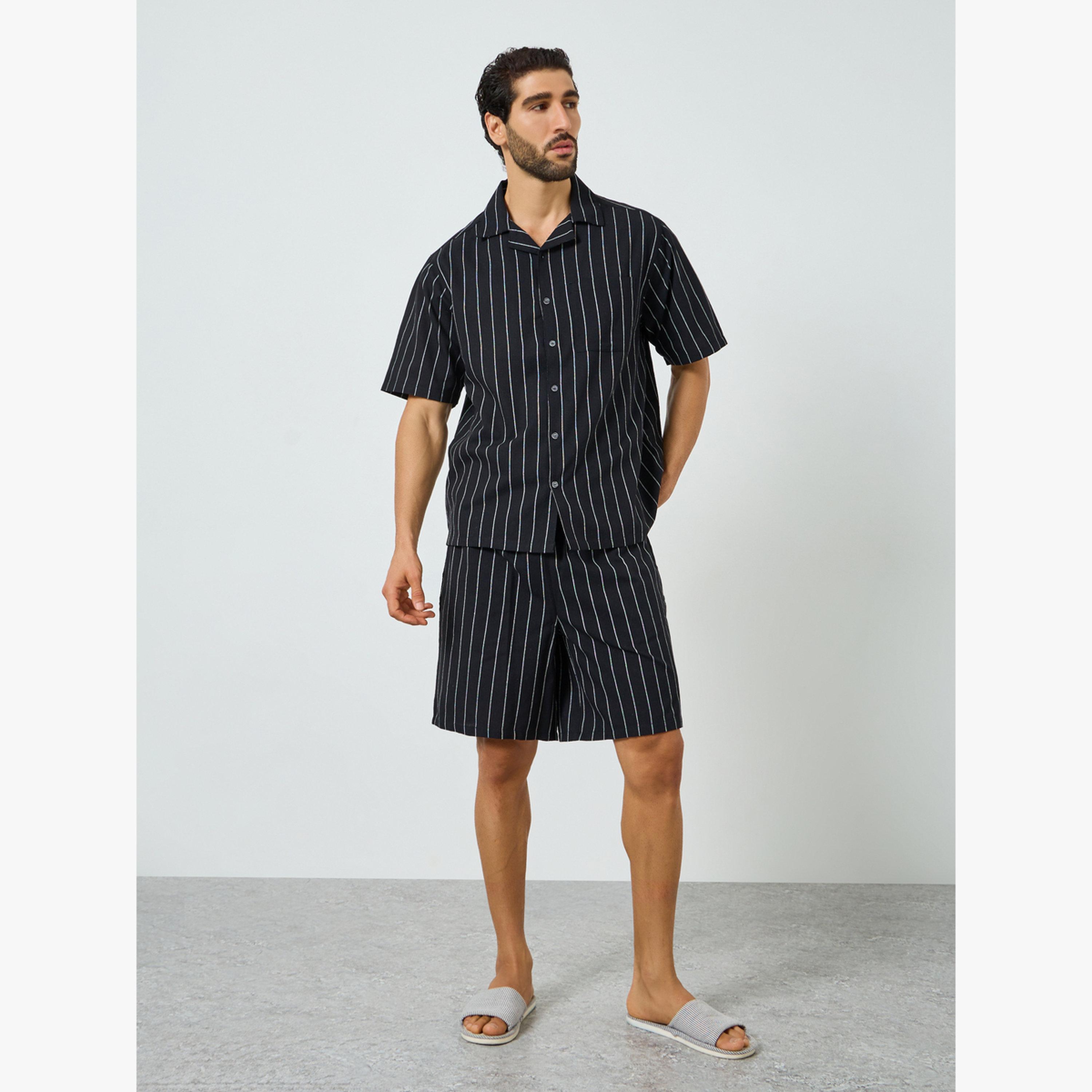 Styli Men Black Striped Cotton Shirt and Shorts Set-men-clothing-nightwear-sets-image-2
