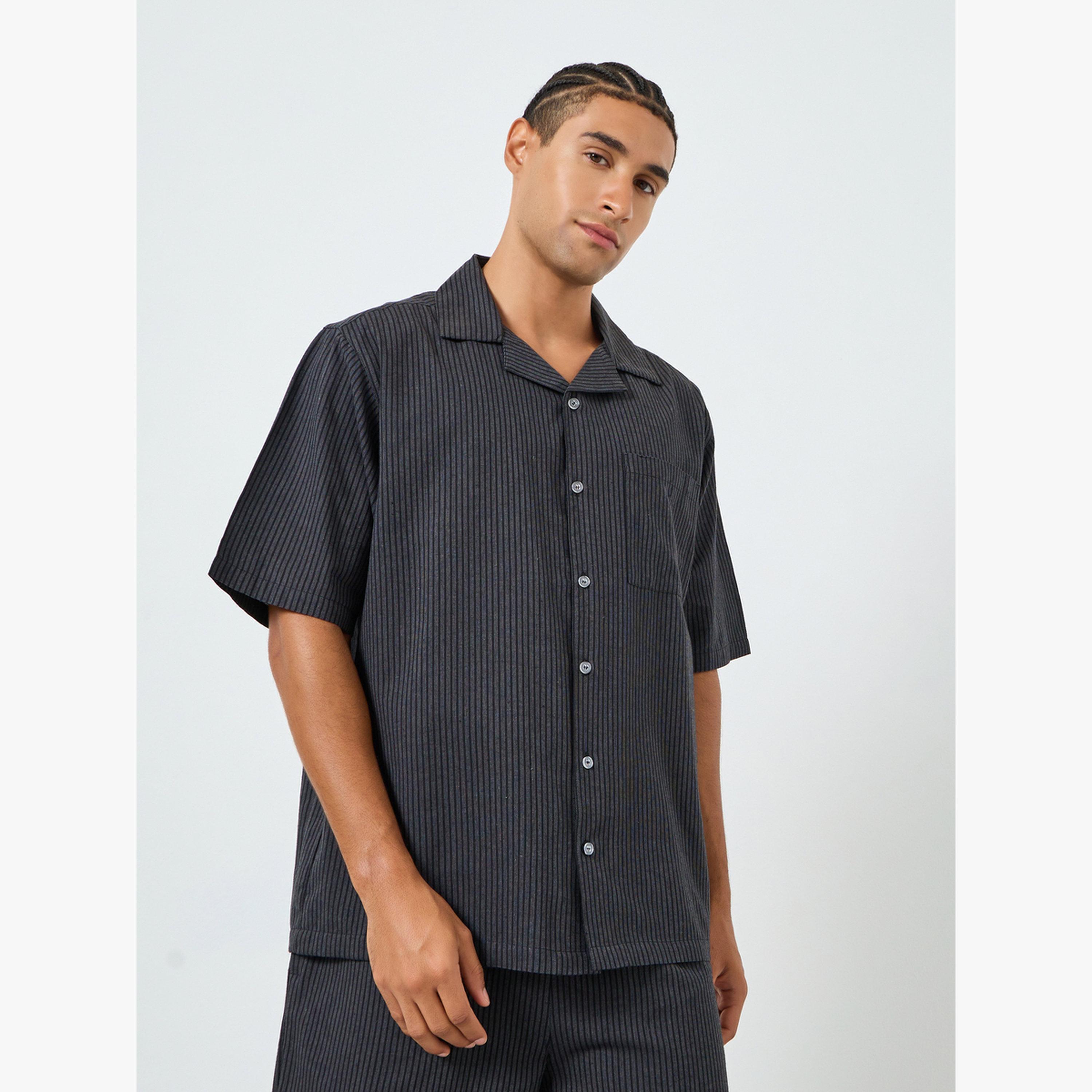 Styli Men Grey Striped Cotton Shirt and Shorts Set-men-clothing-nightwear-sets-image-3