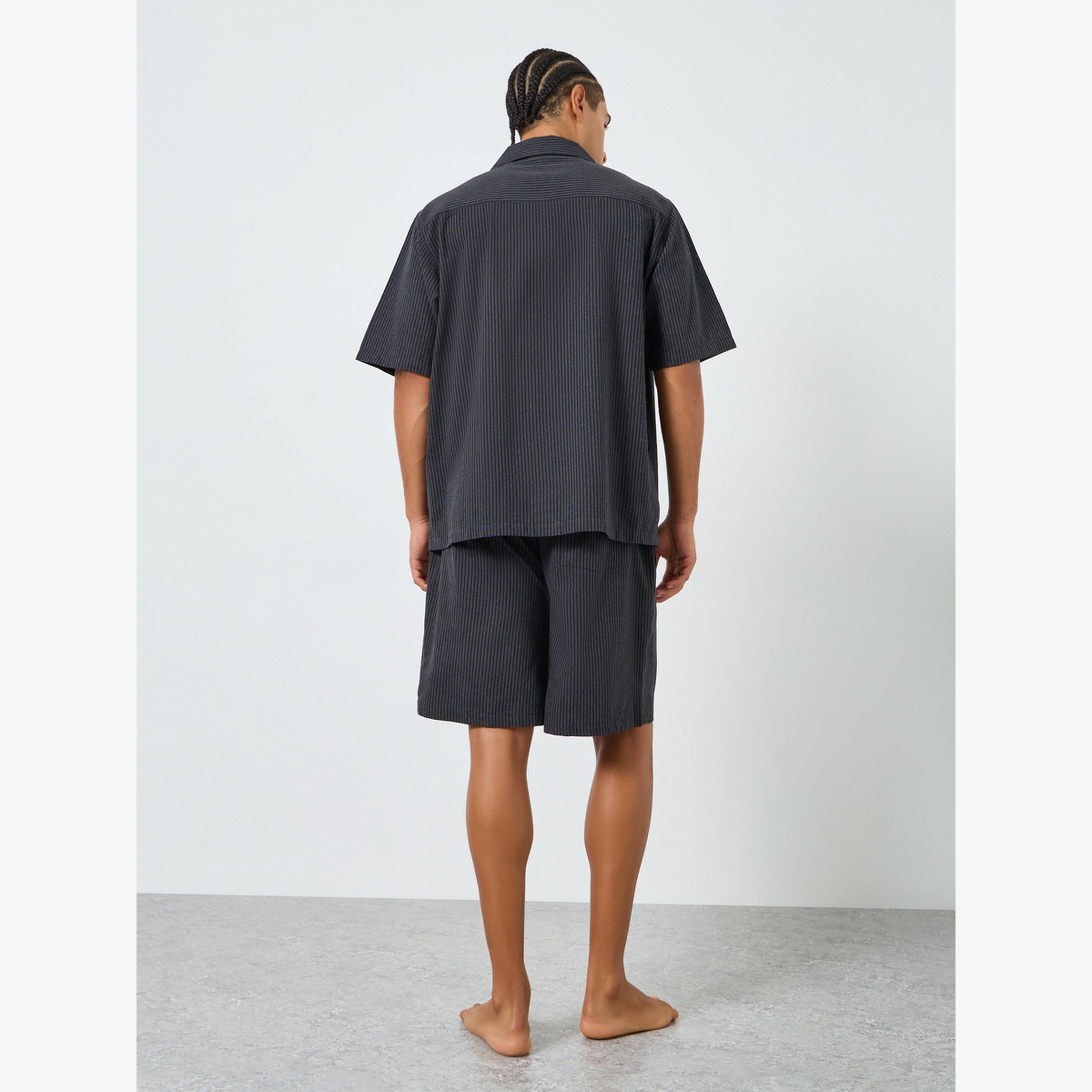 Styli Men Grey Striped Cotton Shirt and Shorts Set-men-clothing-nightwear-sets-image-5