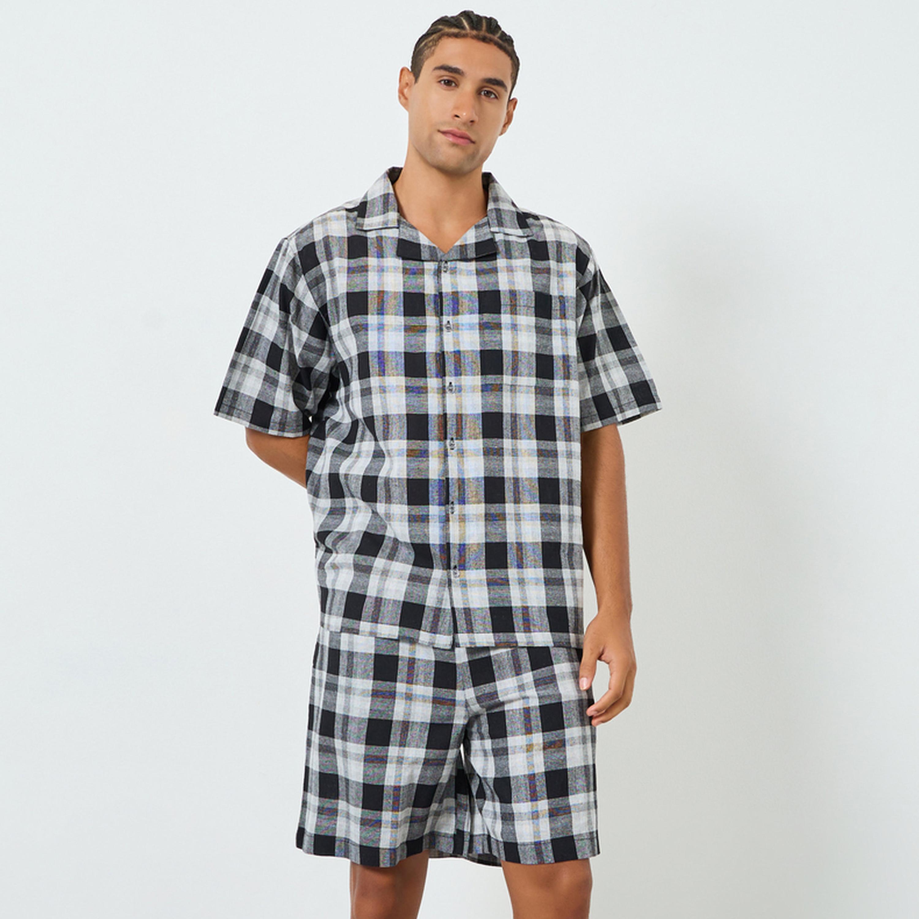 Styli Men Checkered Cotton Relaxed Fit Shirt and Shorts Set-men-clothing-nightwear-sets-image-1