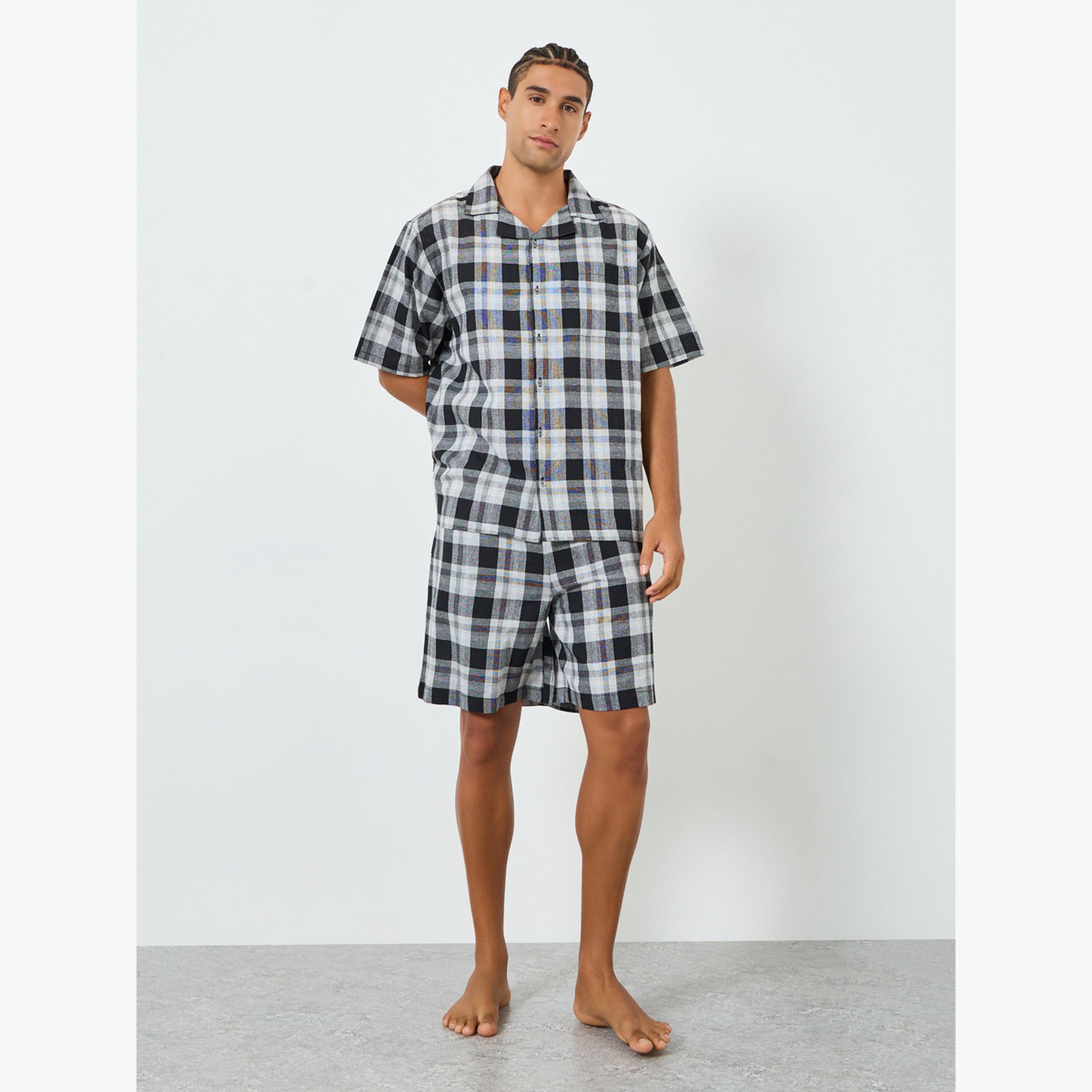 Styli Men Checkered Cotton Relaxed Fit Shirt and Shorts Set-men-clothing-nightwear-sets-image-2