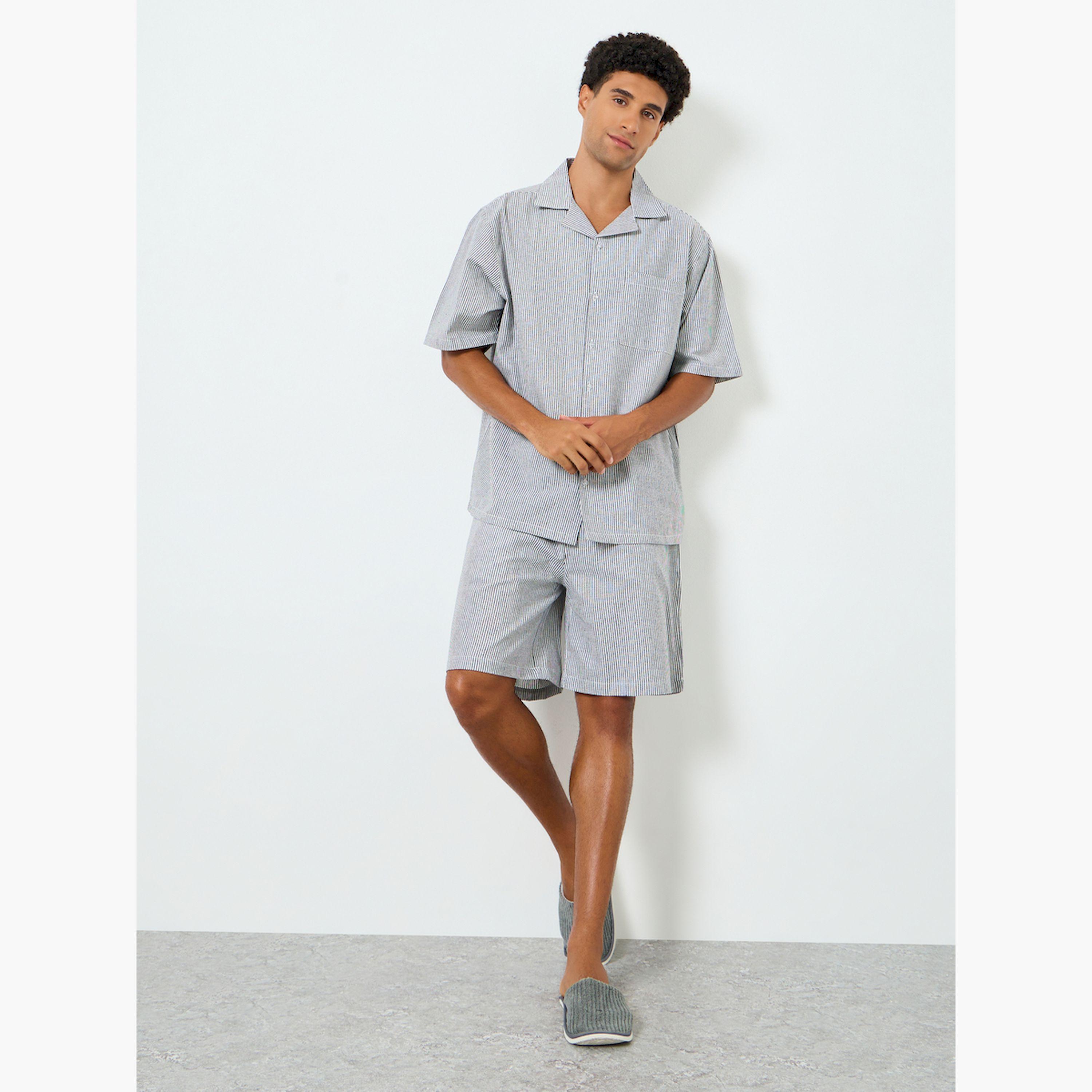 Styli Men Grey Striped Relaxed Shirt and Shorts Set-men-clothing-nightwear-sets-image-2