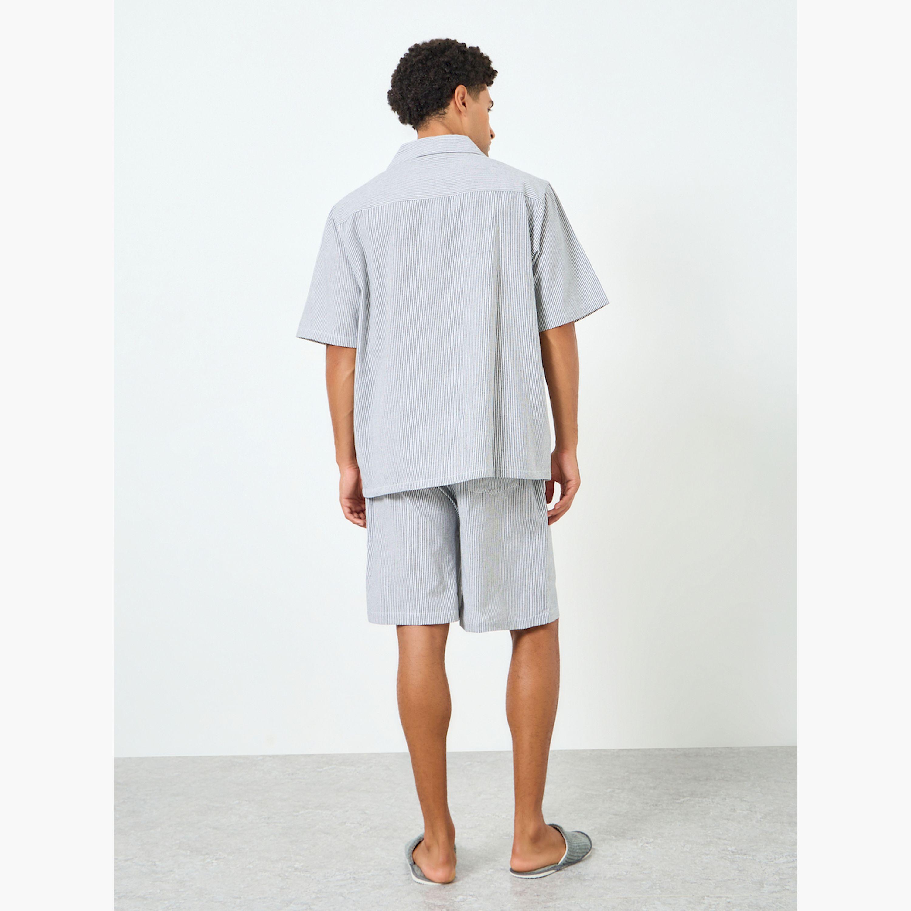 Styli Men Grey Striped Relaxed Shirt and Shorts Set-men-clothing-nightwear-sets-image-3