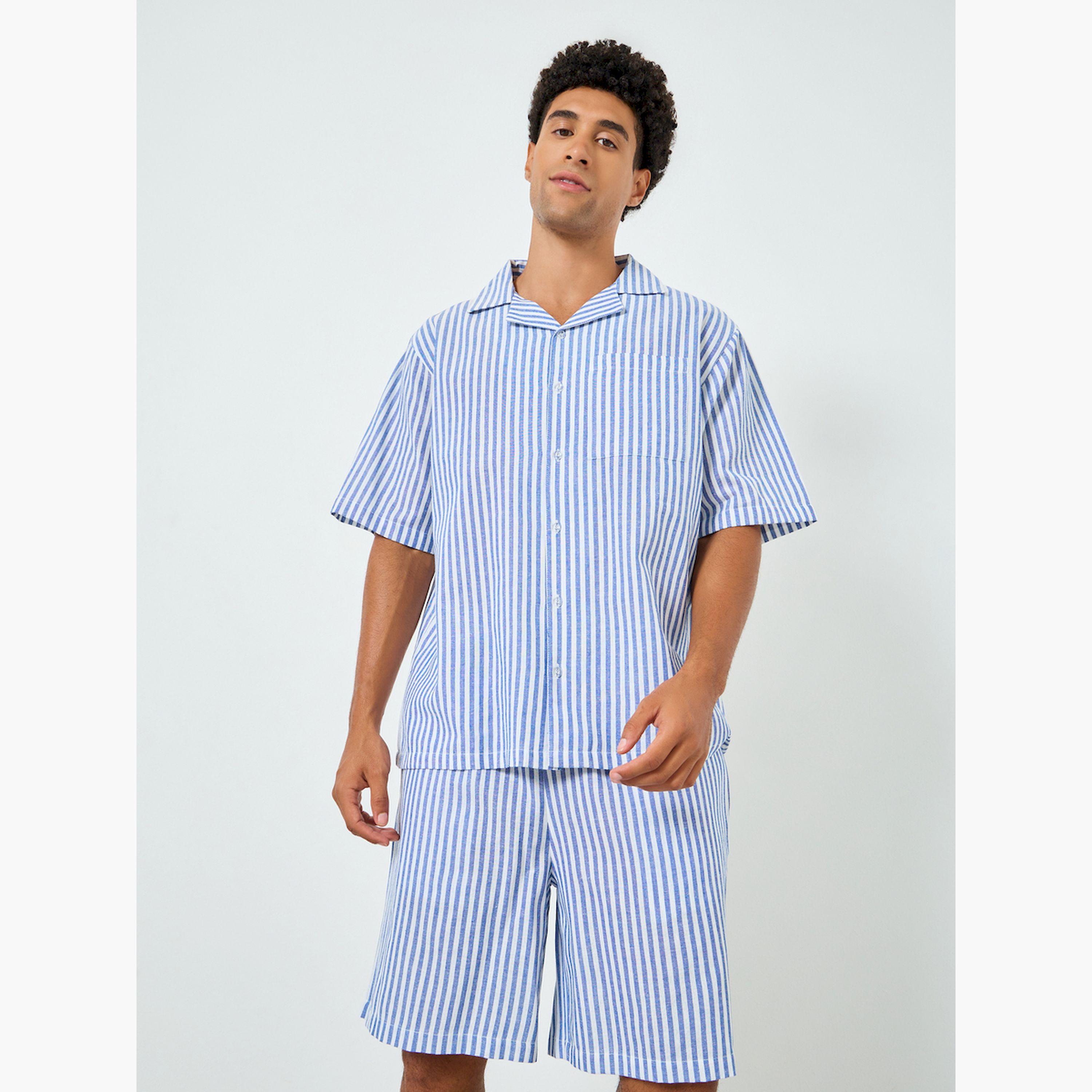Styli Men Blue Relaxed Striped Shirt and Shorts Set-men-clothing-nightwear-sets-image-1