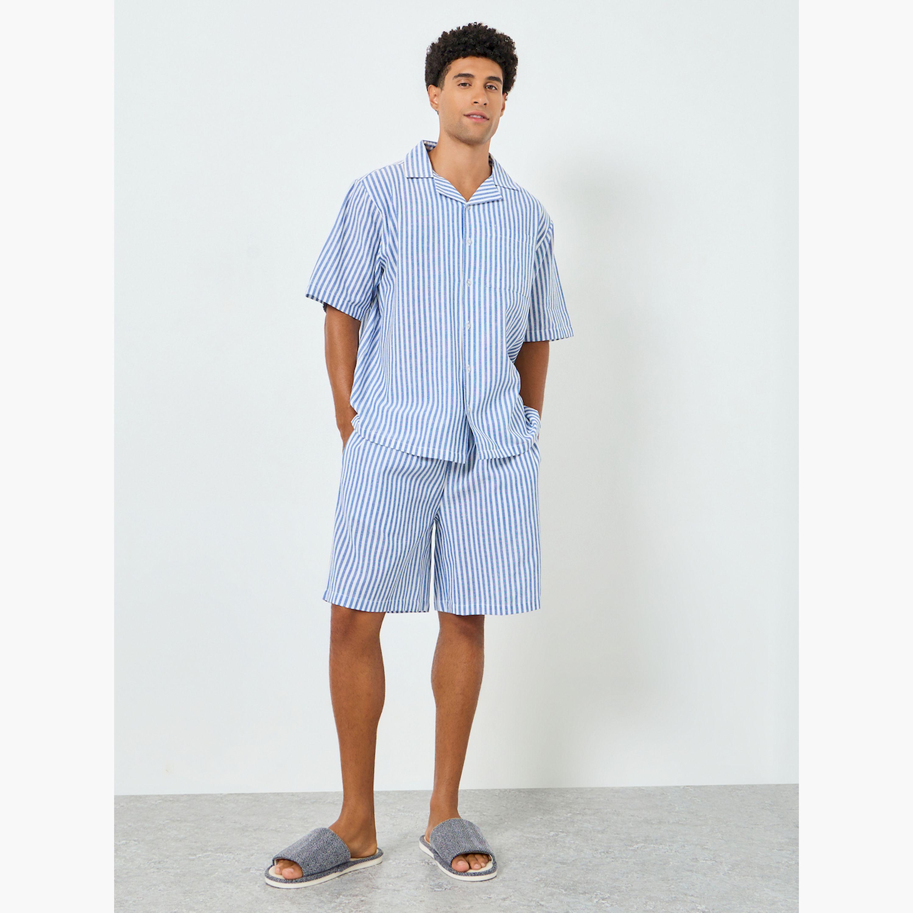 Styli Men Blue Relaxed Striped Shirt and Shorts Set-men-clothing-nightwear-sets-image-2