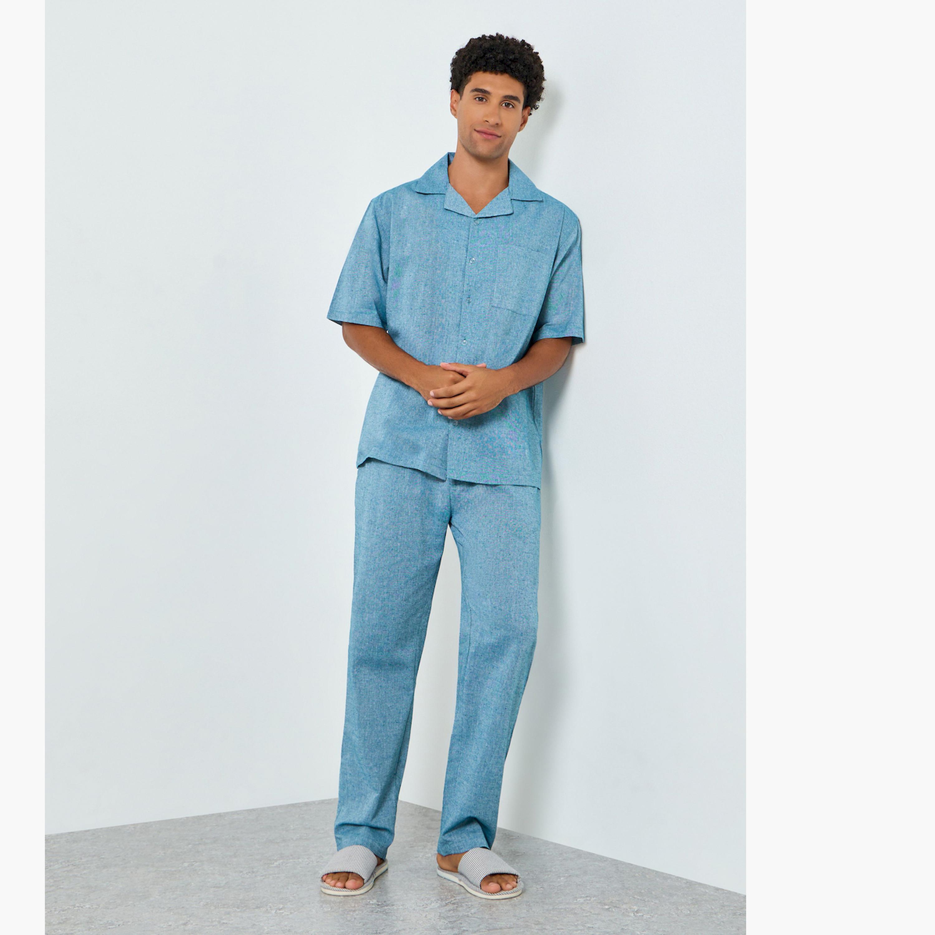 Styli Blue Cotton Relaxed Shirt and Pyjama Set-men-clothing-nightwear-sets-image-1